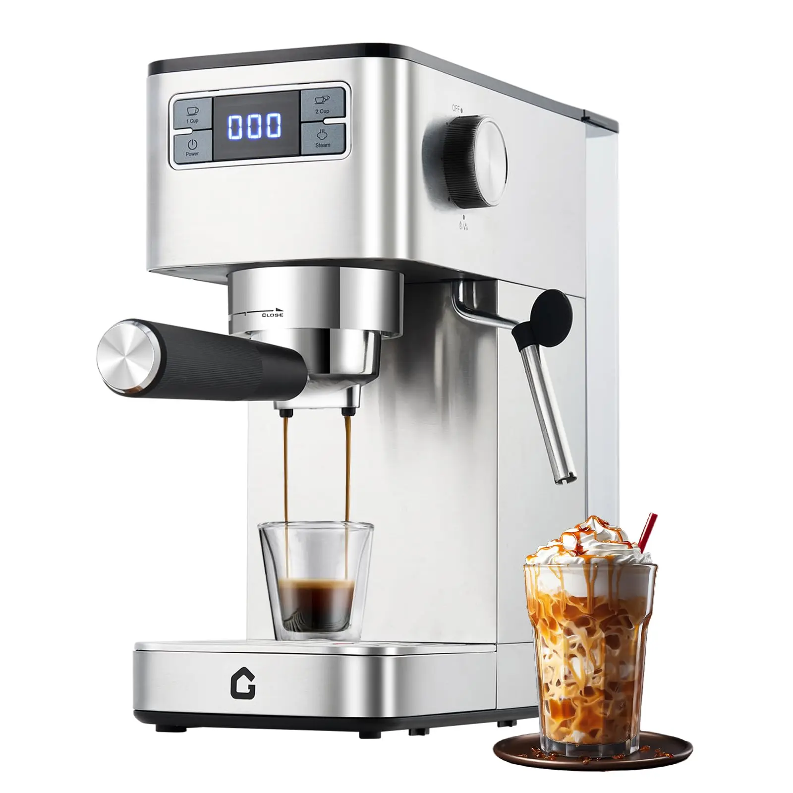 Sleek Silver 20 Bar Semi-Automatic Espresso Machine | Stainless Steel | Steam Wand Milk Frother 49.4 oz Removable Water Tank for Home