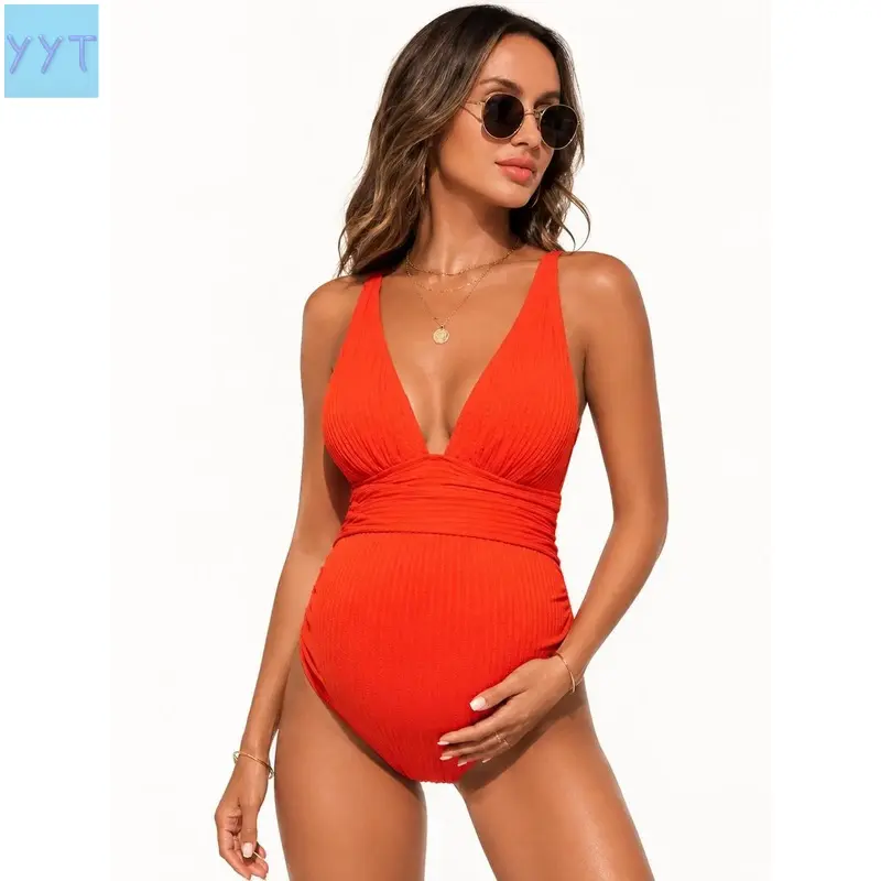 YYT1  Women's Ribbed Deep V-Neck Bump-Friendly Maternity 1-Piece Swimsuit - Stretch, Anti-Odour, Quick-Dry, Breathable Beach, Vacations (Cold Wash Recommended), Maternity Swimsuit Onepiece Swimwear Swimming Bathing Suit Stretch Swimwear Bea