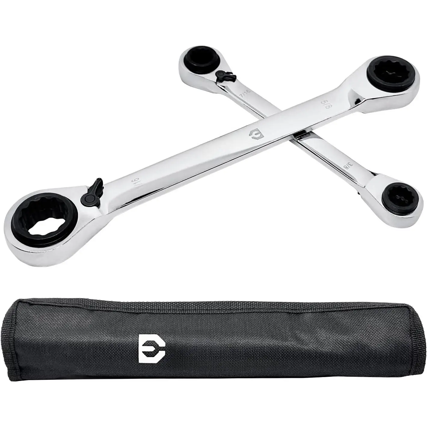 2- 4-in-1 Reversible Ratcheting box Wrenches,SAE | Double Box End, 5/16, 3/8, 7/16, 1/2 & 9/16, 5/8, 11/16, 3/4-Inch, CR-V Steel, Mirror Polished, with Rolling Pouch