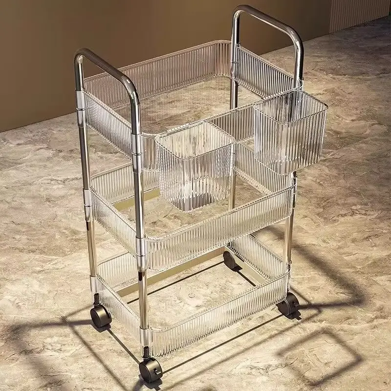 Three/four Tier Transparent Wave Storage Cart, Luxury Minimalist Style, Metal Frame, Detachable Side Boxes, Silent Wheels, Large Capacity