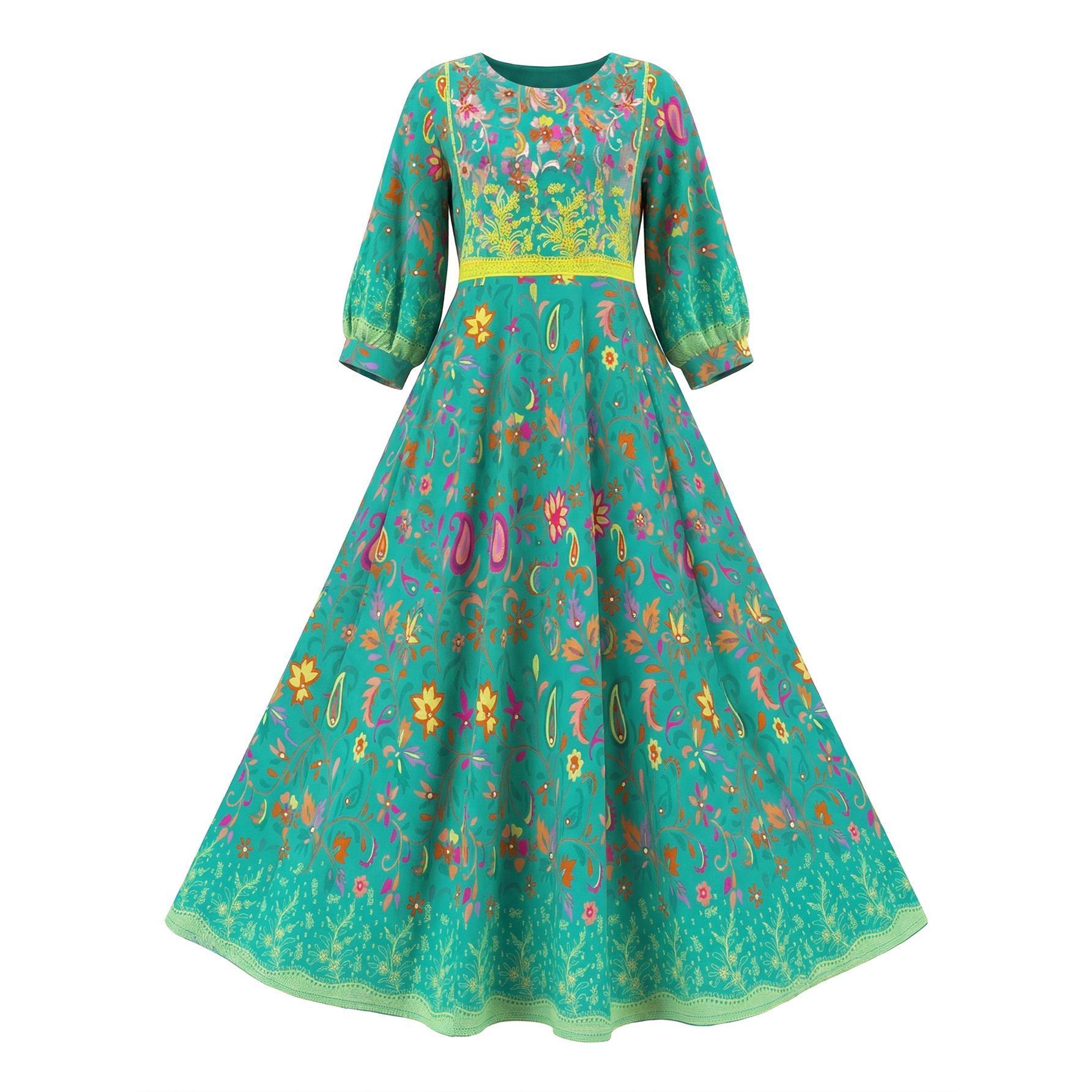 Vibrant Teal Boho Paisley Maxi Dress Elegant Floral Lantern Sleeve Gown | Size Inclusive S-XL | Perfect for Beach Vacation, Festival & Wedding Guest