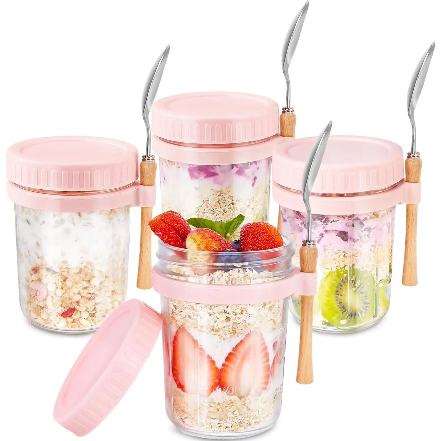 16oz Wide Mouth Glass Overnight Oats Containers - Multi Color 4 Pack Pink, Kitchen & Dining Jars with Lids, Spoon, Measurement Marks, Keeps Cereal, Yogurt Fresh