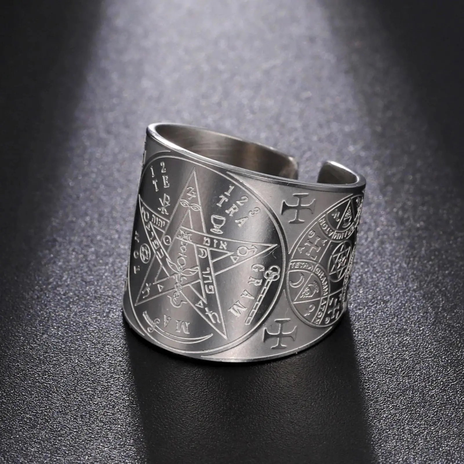 LIKGREAT Stainless Steel Pentagram Protection Amulet Ring - Occult Male Band with Tetragrammaton Symbol, Pagan Engagement Gift, Anti-Acid, No Rust, Not Allergic, Do Not Fade Costume Jewelry
