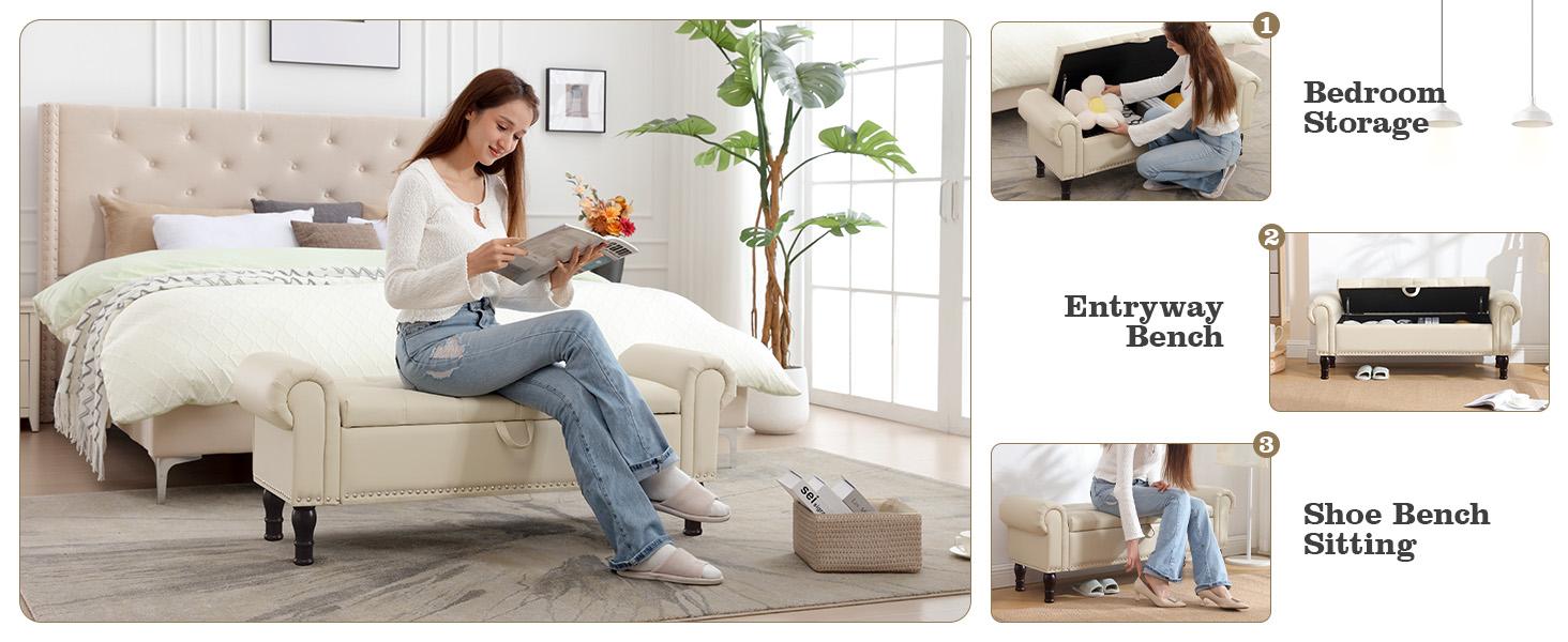 YOUDENOVA Storage Ottoman Bench for Bedroom 51/60" Queen/King Size Storage Bench with Button, Upholstered Bedroom Bench with Rolled Arms for Living Room, Storage Room, Entryway Modern Furniture Spring Greenish