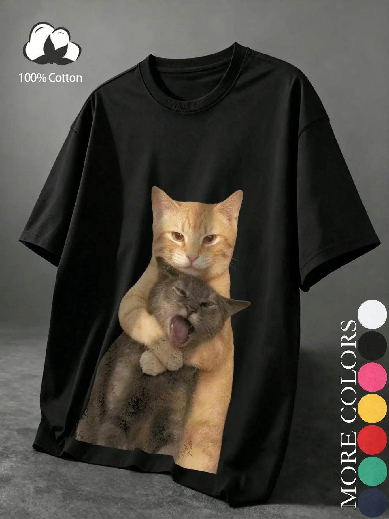 Unisex design, American street fashion brand with playful cat and cat hugging print on a loose-fitting, relaxed-sleeve short-sleeved T-shirt made of 100% cotton, Breathable, perfect for summer casual wear, suitable for pet enthusiasts and cou