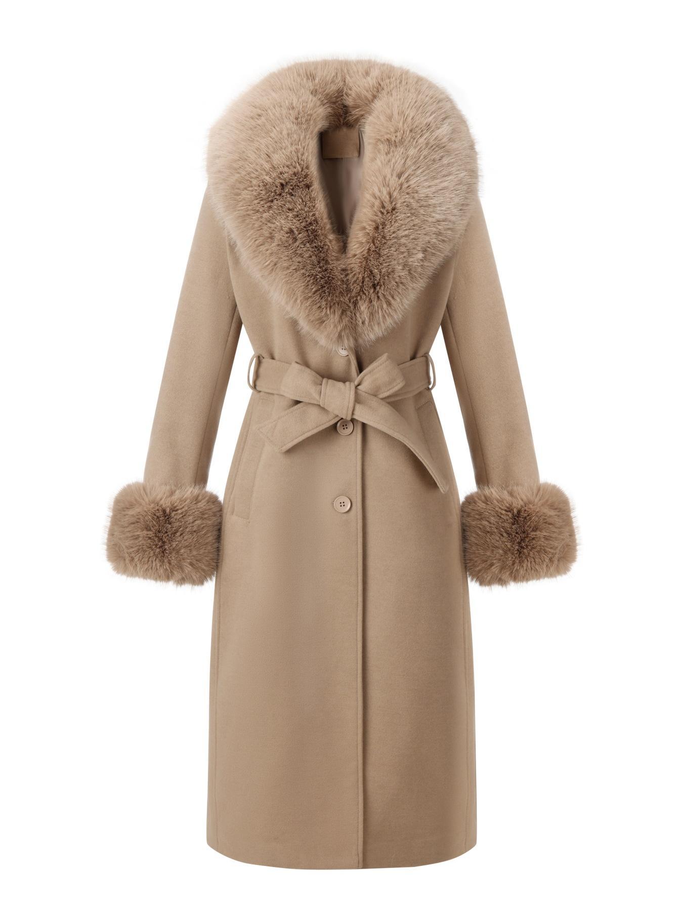Women's Fall Winter Mid-Length Solid Color Coat, Warm Fitted Coat with Fur Collar, Waist Belt & Pockets, Casual Style, Jackets
