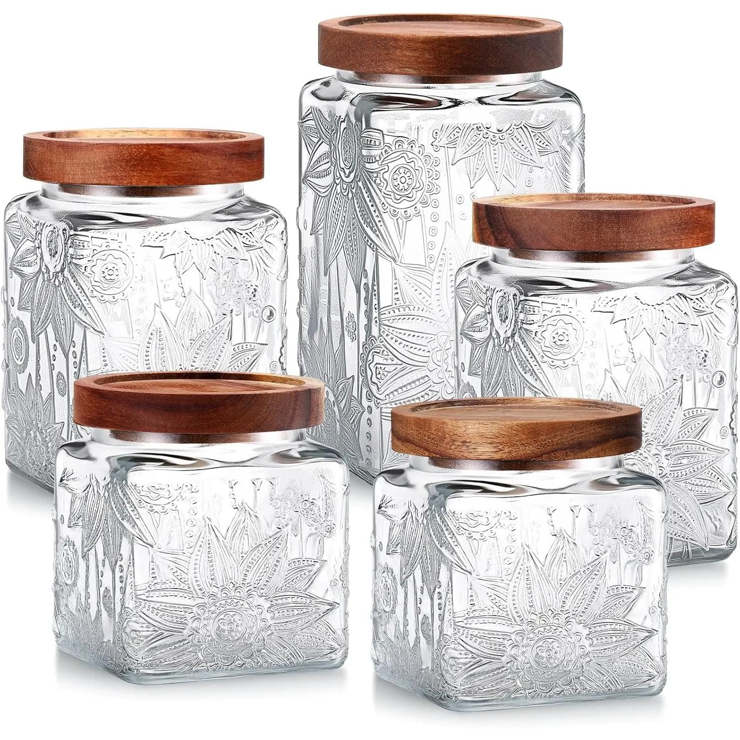 5 Pcs Square Vintage Sunflower Glass Jars with Bamboo Airtight Lids (17/24/34 oz) - Candy Jar, Glass Canister, Reusable Container Storage Boxes for Kitchen Counter Pantry, Candy Jar Storage Boxes