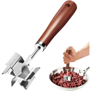 Steel Meat Chopper Masher, 6 Blade Ground Beef Chopper Potato Masher Tool with Wooden Handle, Hamburger Smasher, Kitchen Tool for Home Cooking, Heat Resistant (1 Pack)