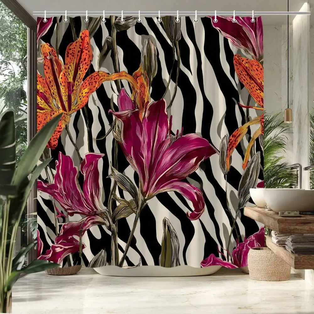 1pc Floral Zebra Print Botanical Shower Curtain Elegant Lily Flowers And Striped Background Bathroom Decor Polyester Fabric Bath Curtain For Tub Separation 70.8X70.8 Inch With 12pcs Hook