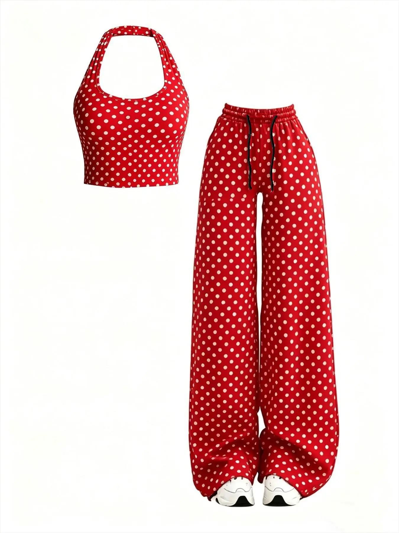 American Style Y2K Fashion Polka Dot Matching Outfits Set, Crop Top + High Waist Wide Leg Pants, Perfect for Streetwear, Parties, Travel, Vibe, Women's Clothing, Womenswear, Outfit