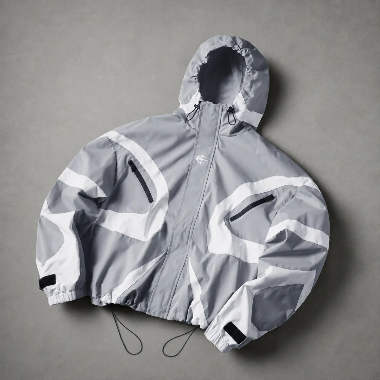 Unisex Y2K Futuristic Techwear Windbreaker Jacket, Grey White Color Block Hooded Coat for Spring, Streetwear & Casual Outdoor Wear Menswear Tops Activewear Athletic Long Sleeve Sport Sportswear