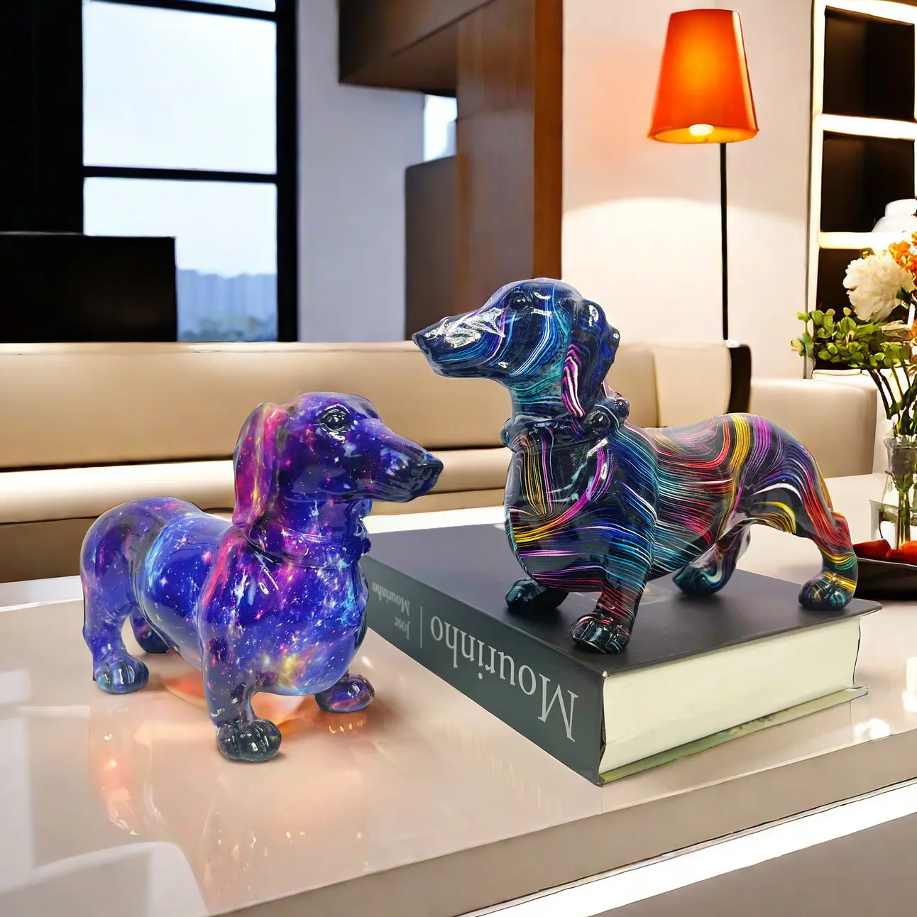 Colorful Sausage Dog Figurine Home Wine Cabinet Office Desktop Decoration Craft Holiday Gift, Cute Pet Statue for Living Room Decor, Statues for Home Decor
