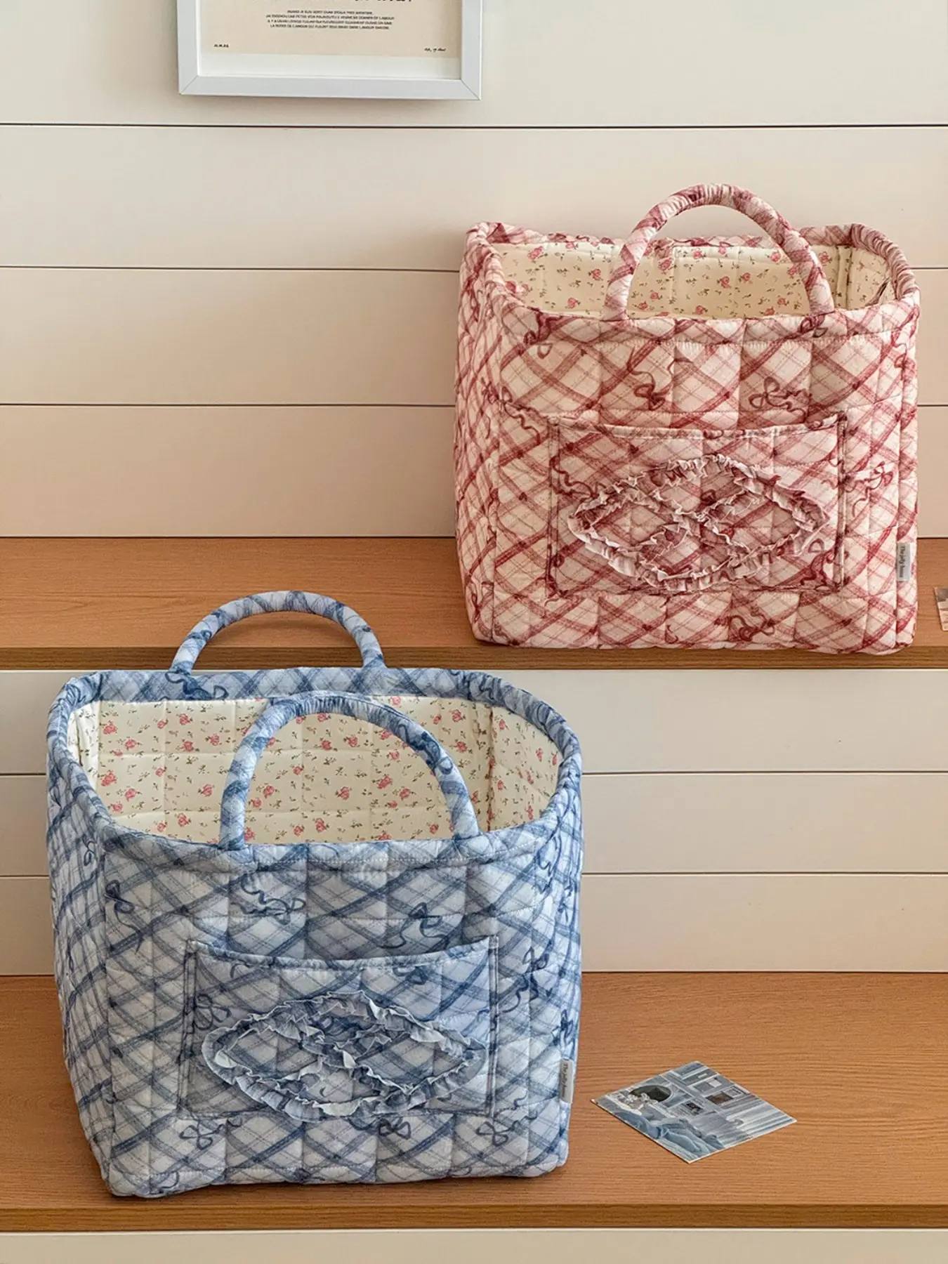 Large Quilted Bow Storage Basket, Floral Lining, Dual Handles, Living Room Snack Toy Organizer, Fabric Storage Bin