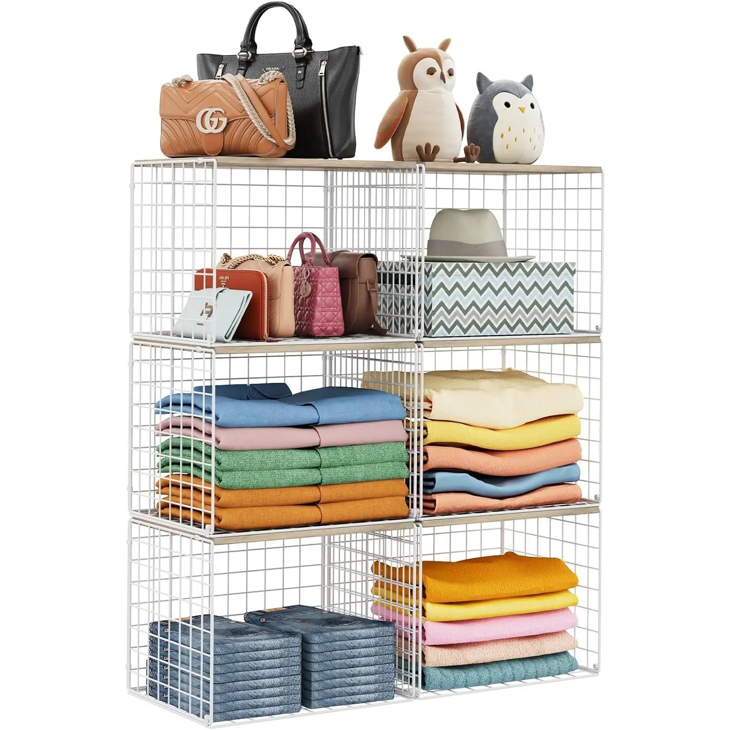 6 Pack Closet Organizers And Storage, Stackable Closet Shelf Organizer Storage Bin Basket For Clothes Sweaters With Top Board, Widened Opening, Heightened Height, Large Capacity, Sturdy, Space-saver