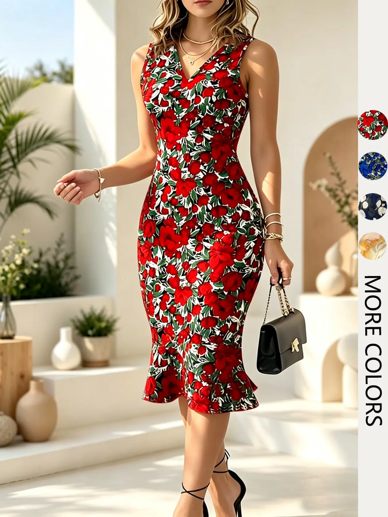 V Neck Sleeveless Fitted Women's Dress, Elegant Waist-Cinch Floral Printed Mermaid Dress, Elastic Mid-Length Polyester Dress, Spring Summer Evening Party Dresses Formal Wear
