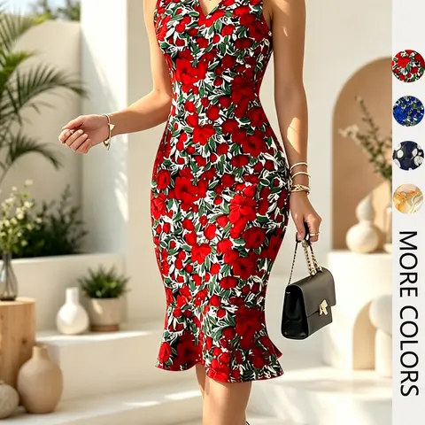 V Neck Sleeveless Fitted Women's Dress, Elegant Waist-Cinch Floral Printed Mermaid Dress, Elastic Mid-Length Polyester Dress, Spring Summer Evening Party Dresses Formal Wear