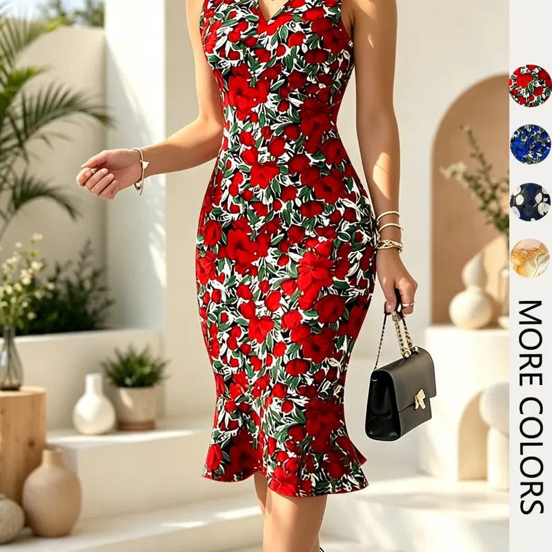 V Neck Sleeveless Fitted Women's Dress, Elegant Waist-Cinch Floral Printed Mermaid Dress, Elastic Mid-Length Polyester Dress, Spring Summer Evening Party Dresses Formal Wear