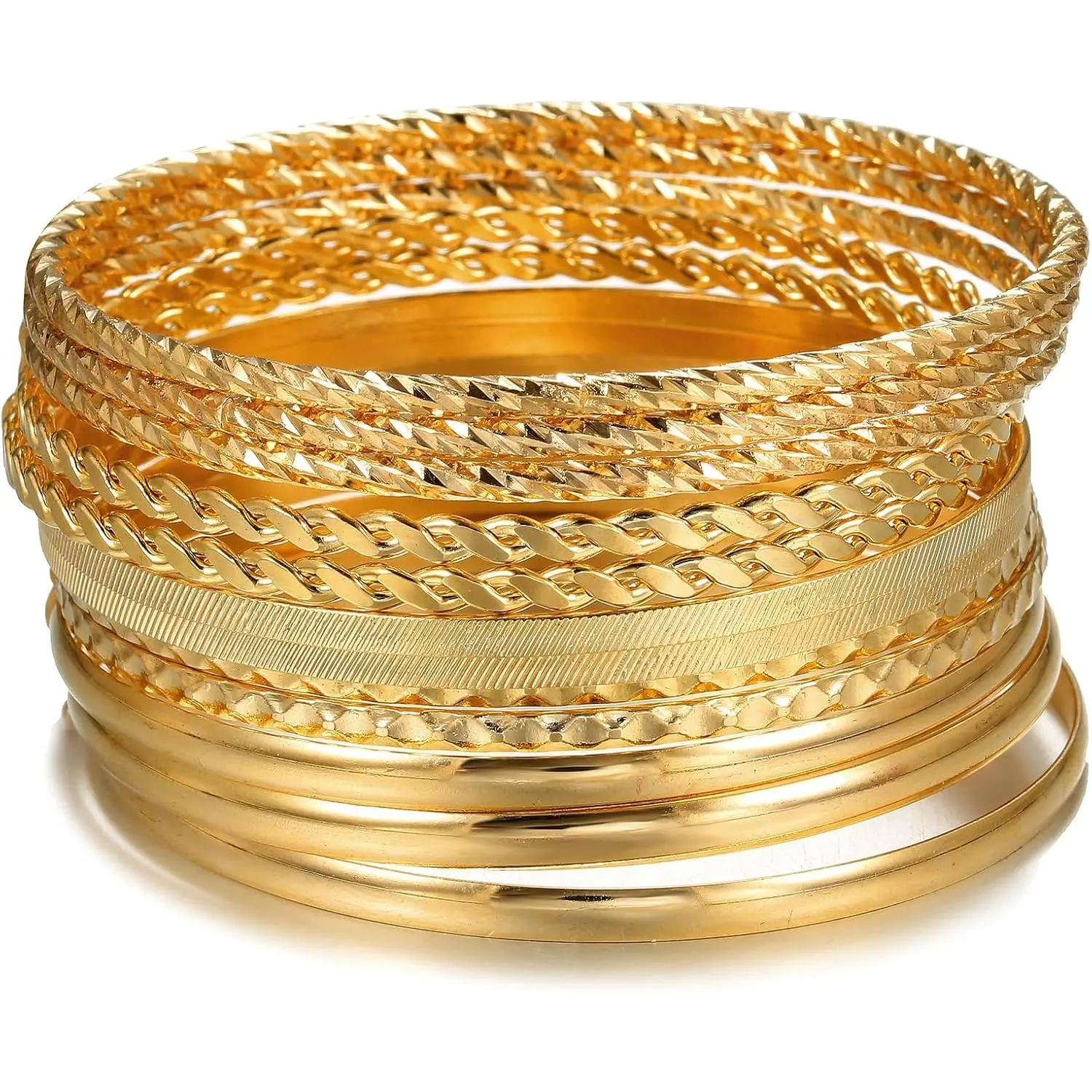 Bangle Bracelets for Adults, 12 Count Modern Textured Gold Plated Stackable Sets, Nickel-Free Alloy Metal for Casual Wear & Anniversary Gift