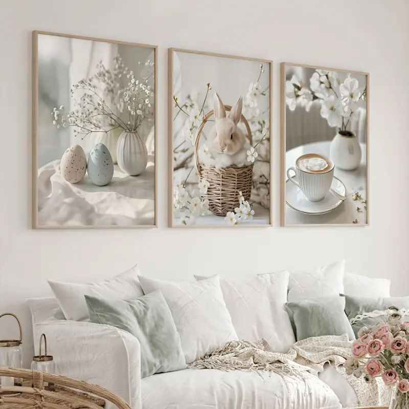 2D Flat, 3pcs/Set Easter Themed Wall Art, Bunny And Easter Eggs And Coffee Canvas Prints, Soft Neutral Aesthetic Room Decor, Wall Decor, Canvas Art for Living Room, Bedroom, Kitchen, Home Office, Cafe, Bar, Dorm, Hallway, Home And Room Decoration