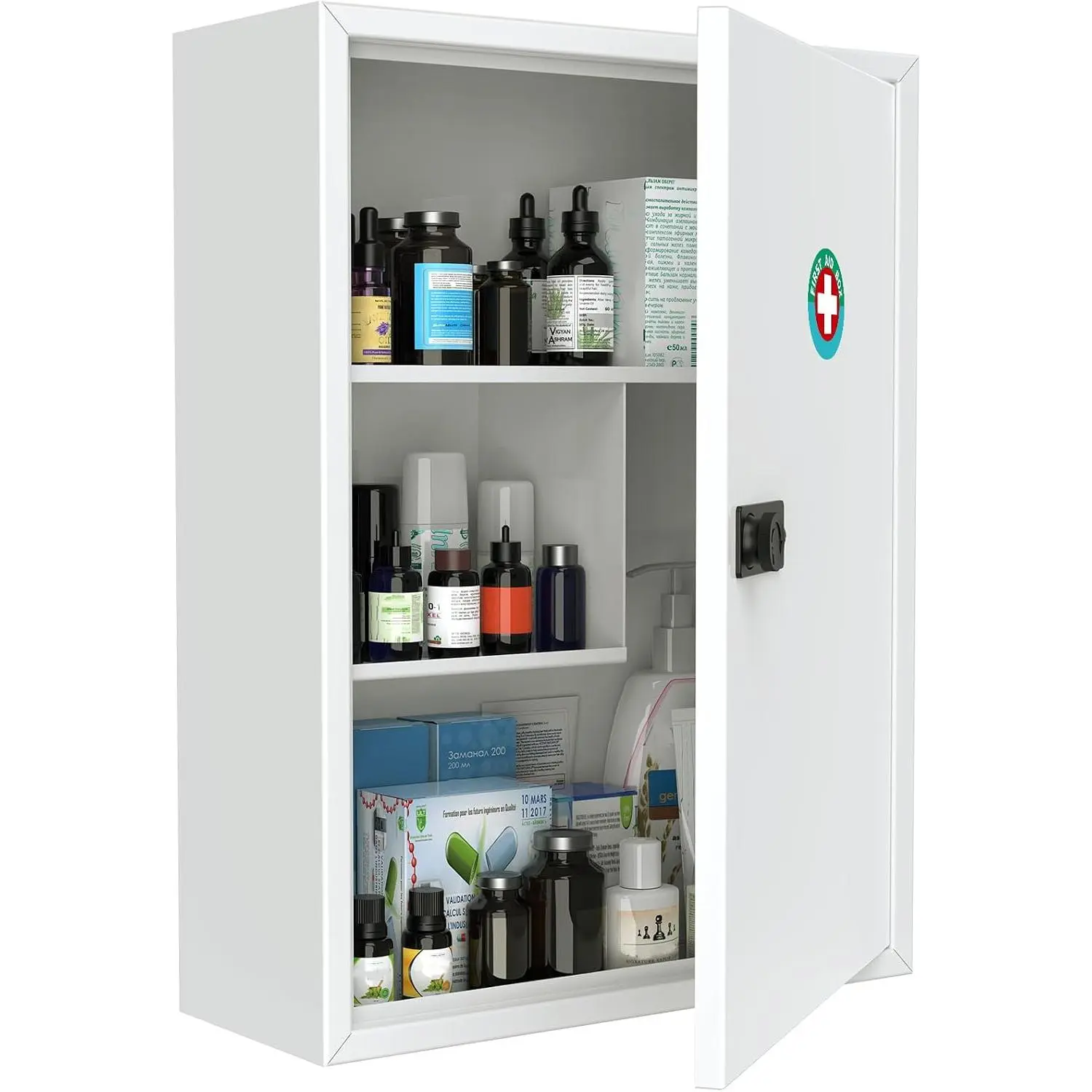 Wall Mount Medicine Cabinet with Combination Lock, Locking First Aid Cabinet, Lockable Medical Cabinet, Large Capacity Medicine Organizer, Secure Steel Wall Cabinet Metal Storage Box, White