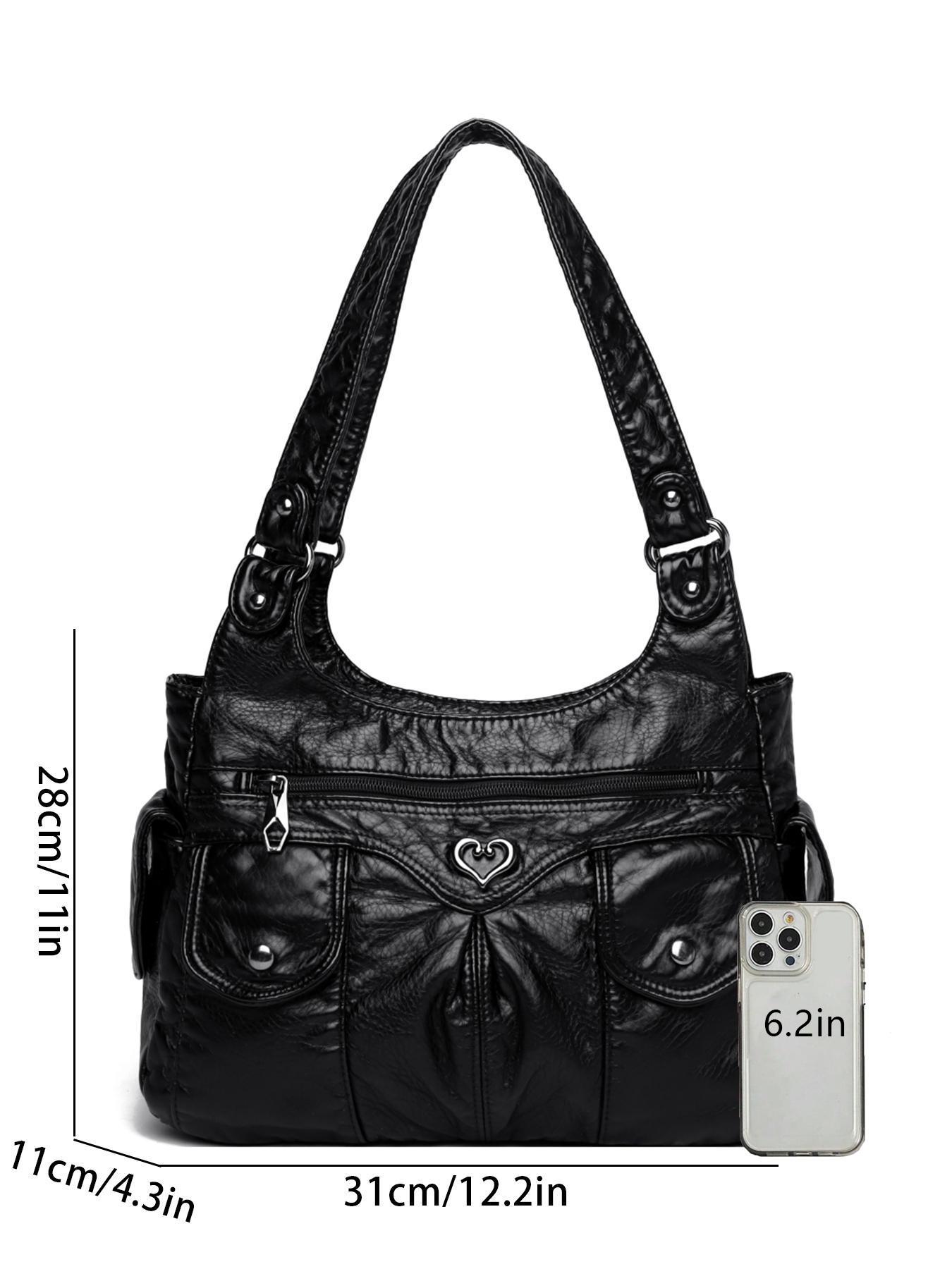 Women's Fashionable Plain Heart Decorated Embellished Shoulder Bag, Casual Large-Capacity for Daily Used, Trendy Versatile Shopping Bag, Hobo Bag