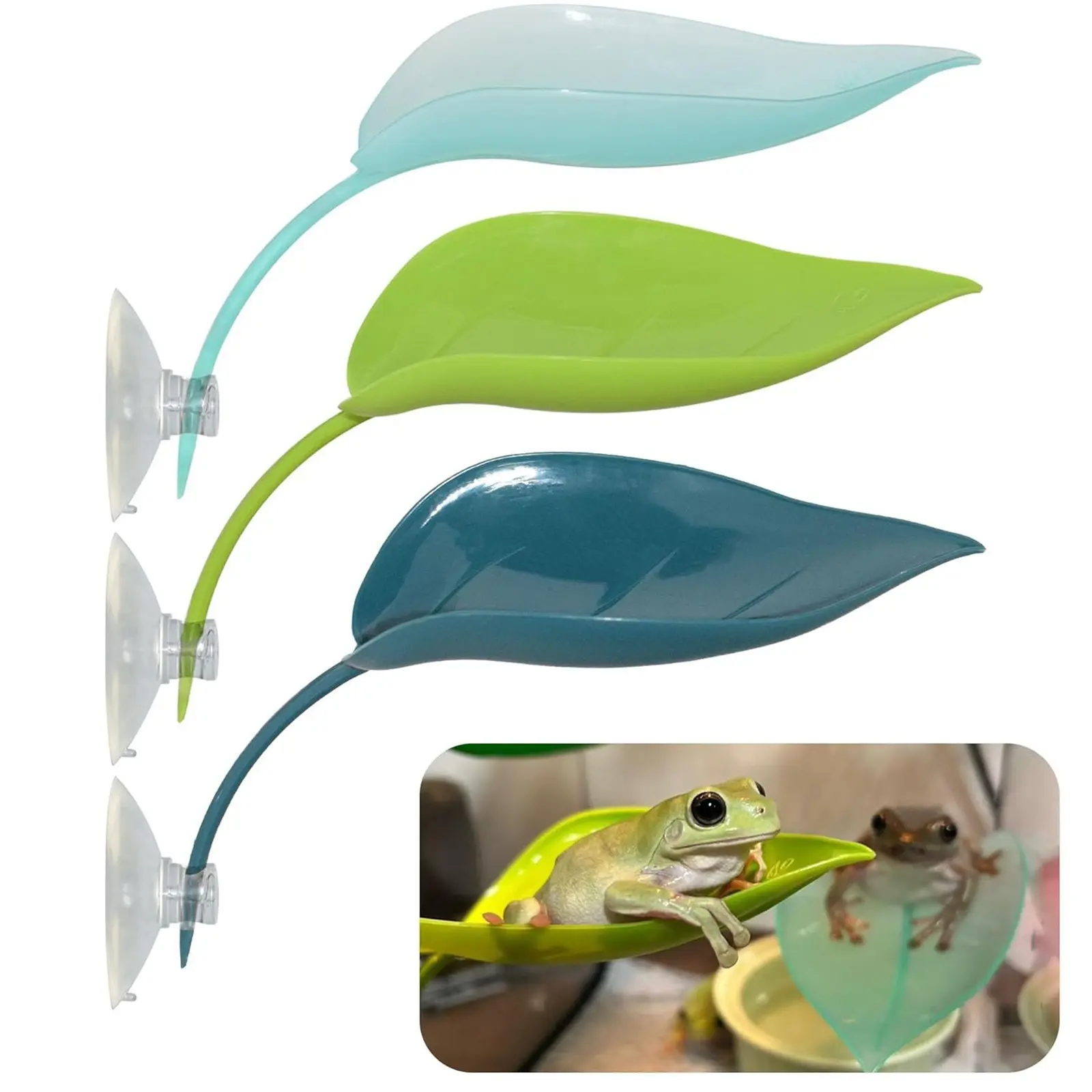 3-Pieces Plastic Leaf Shape Platform Reptile & Amphibian Terrarium Multi-Use Set with 3 Suction Cups, Natural Look Decor for Tree Frogs & Leopard Geckos (Pet Supplies Accessory)