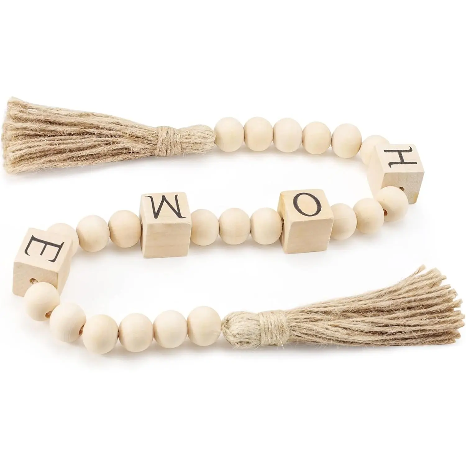 29.5 Inch  Block Sign  Bead Garland with Tassels,  Letter Decorative Beaded Garland, Rustic Wooden Beads Decor for Shelf Tray Coffee Tabletop Mantel Table (Beige)
