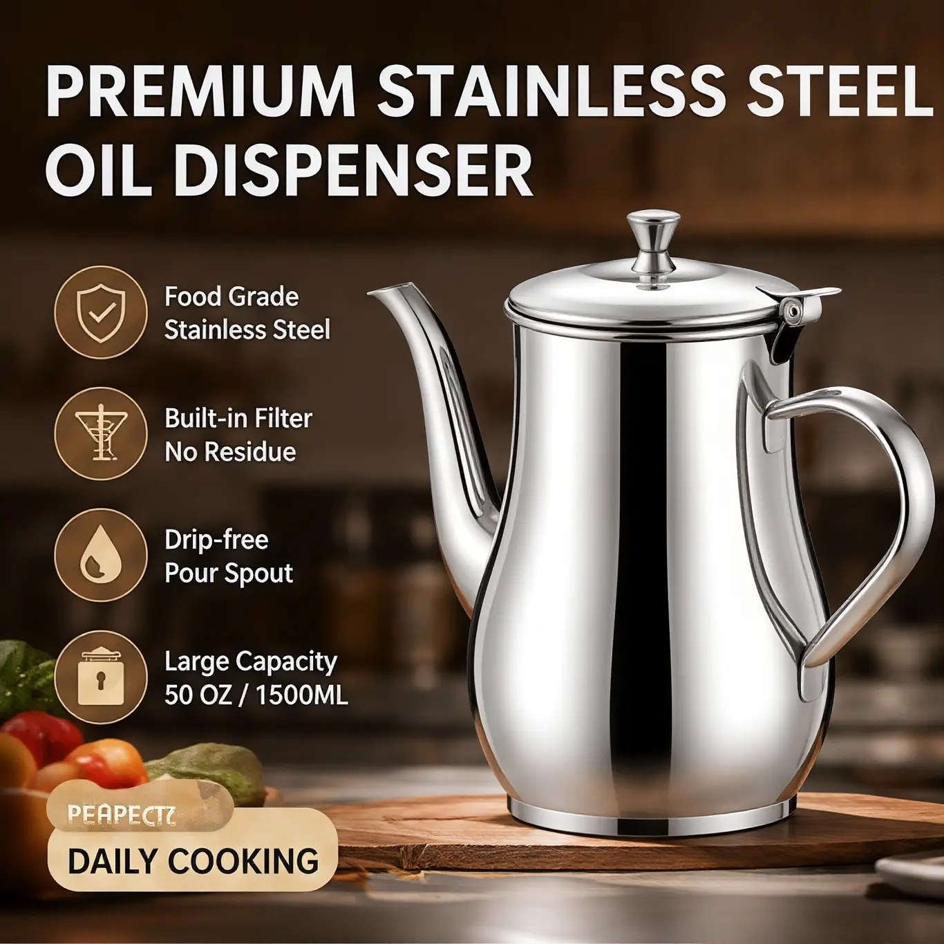 Food Grade Stainless Steel Oil Dispenser 50OZ 1500ML Large Oil Pot Built In Filter Dustproof Lid Drip Free Spout Flat Base Cooking Oil Storage Home Kitchen Deep Frying Rust Resistant Easy Clean Kitchen Gadget Must Have Kitchen Accessory