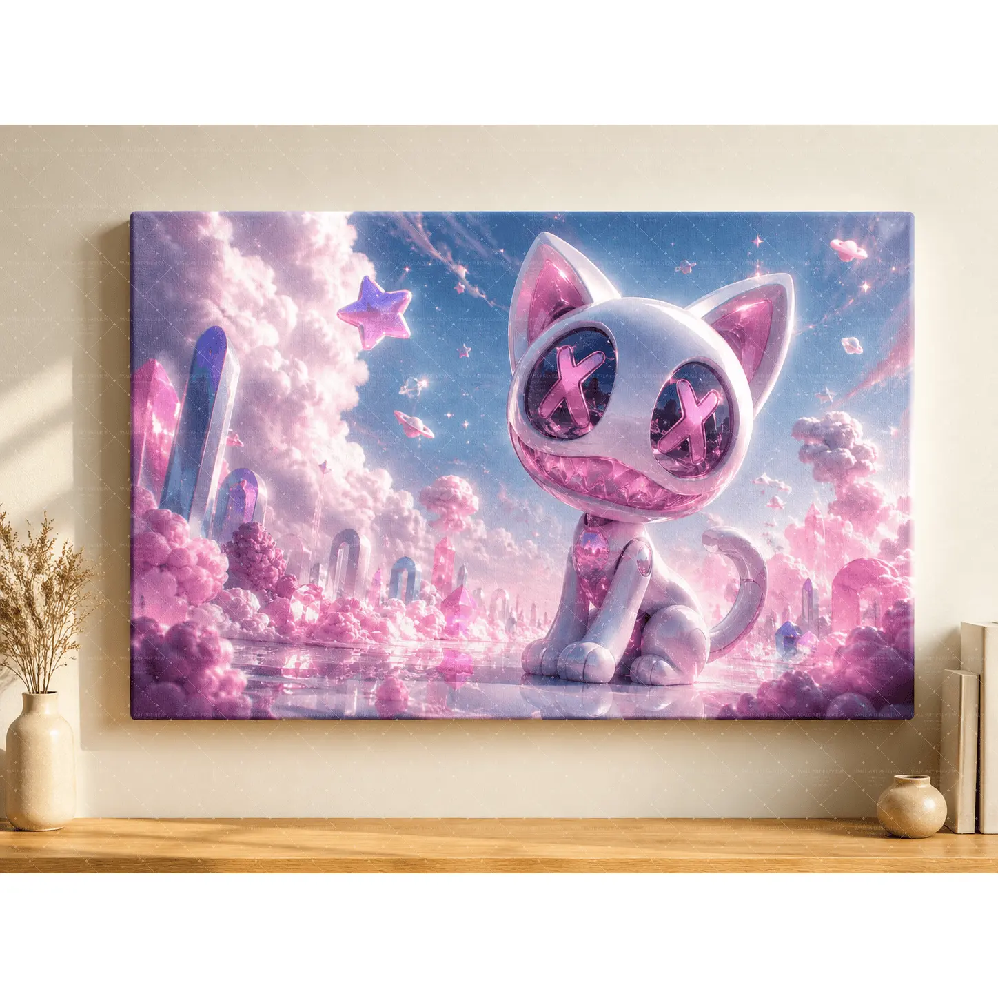 Dreamy Pink Cat Wall Art Poster – Pastel Fantasy Kawaii Canvas Print, Cute Aesthetic Bedroom Decor, Whimsical Teen Room Wall Art, Nursery Playroom Home Decor, Gift for Girls & Cat Lovers,wall decor,poster.