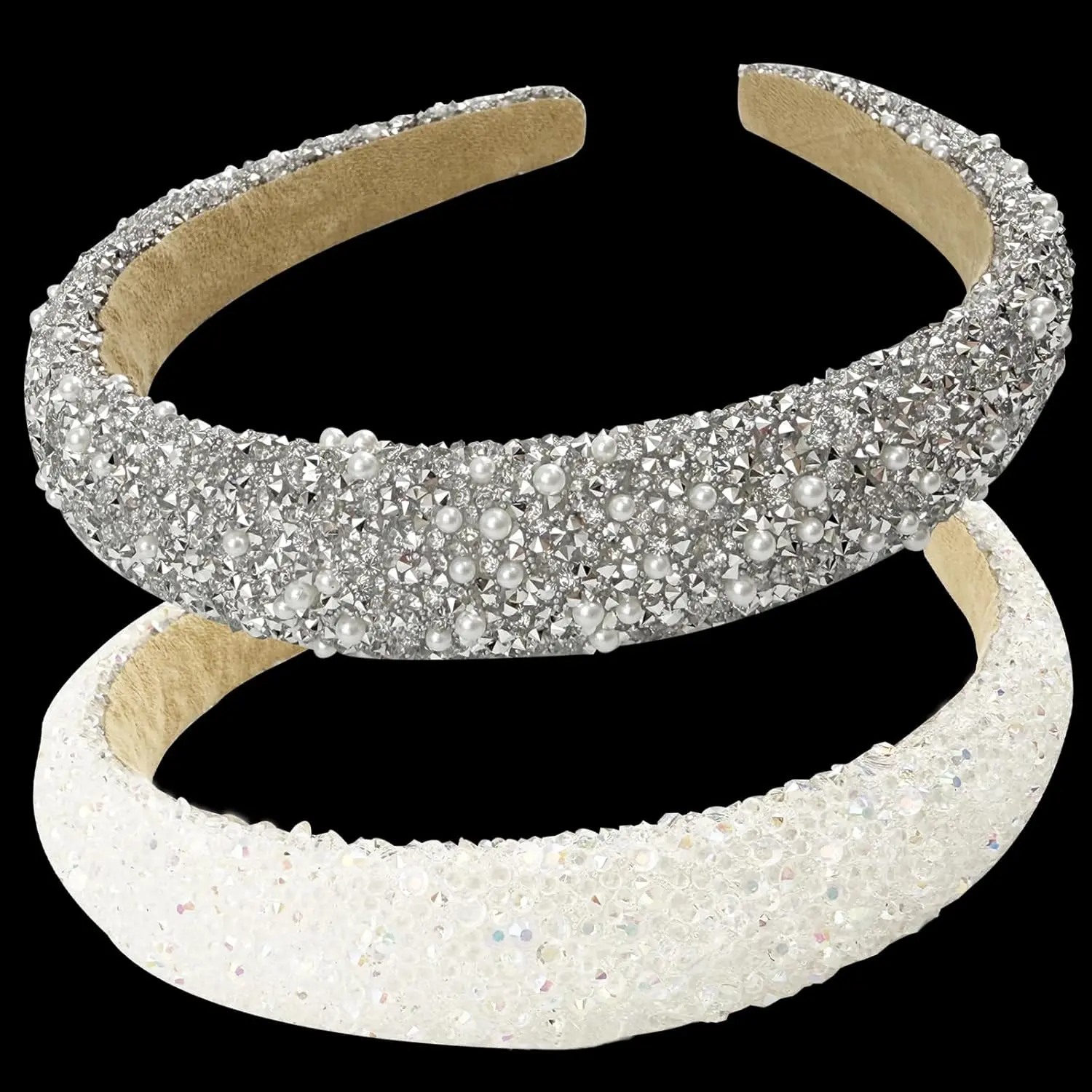 2Pieces Rhinestone Headbands Sparkly Pearl Beaded Wide Hairbands, High Crown Silhouette Hair Band for Parties Birthdays Elegant Cute for Women (White & Silver)