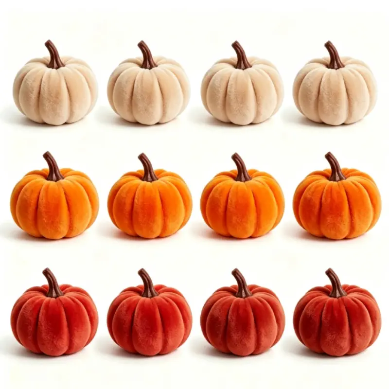 12Pcs Velvet Artificial Pumpkin Set, Soft Touch Plush Faux Pumpkin Decorative Ornaments, Reusable Farmhouse‑Style Harvest Table Centerpieces, Perfect for Living Room Scene Layout, Mantel Cabinet Shelf Display, Halloween, Thanksgiving Party