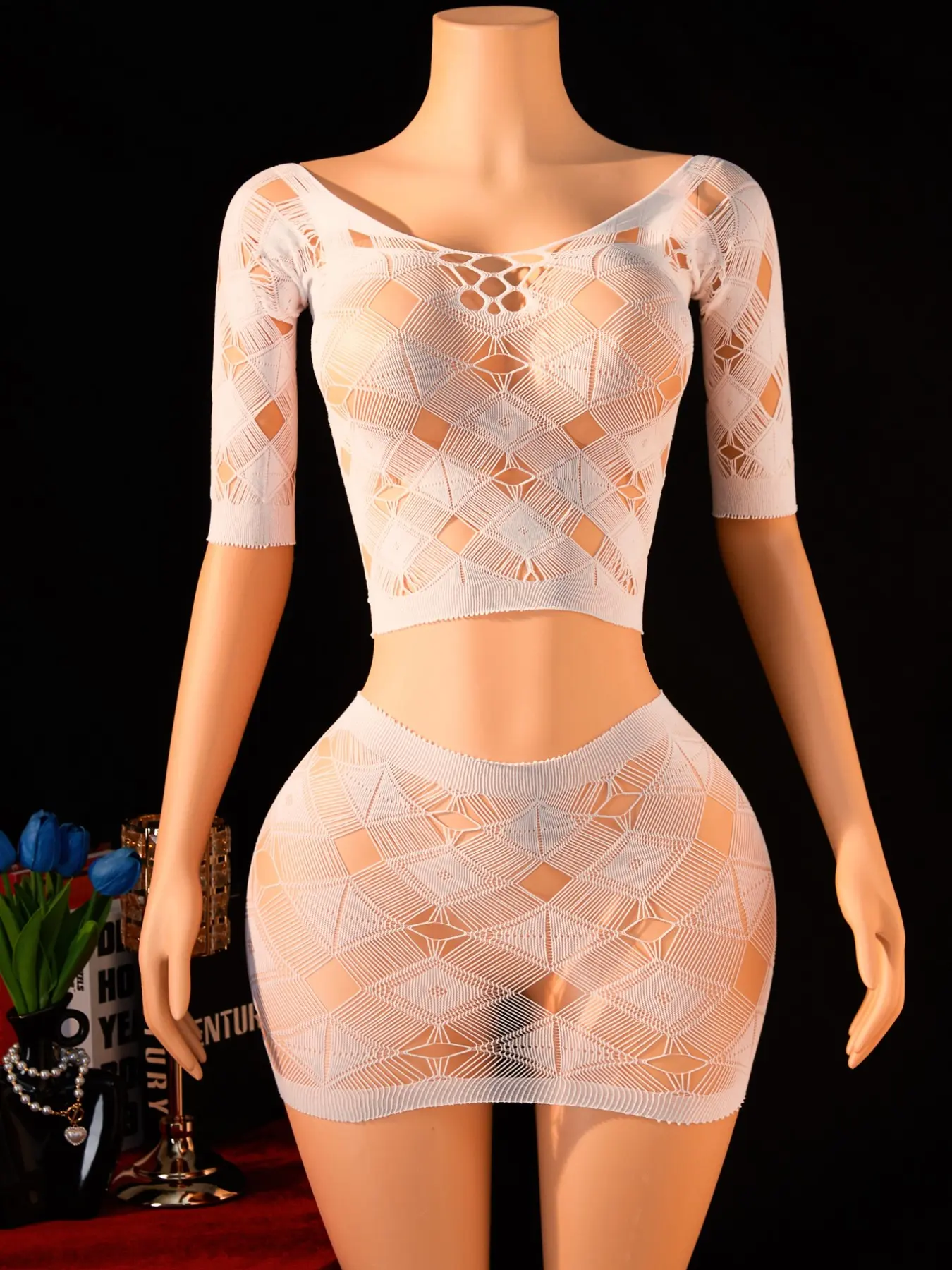 Women White Geometric Fishnet Outfits Lingerie Two Piece Set Off Shoulder 3/4 Sleeve Sheer Hollow Out Crop Top Bodycon Mini Skirt Stretch Knit See Through Mesh Outfit Night Club Party Date Night Erotic Sleepwear Cover Up
