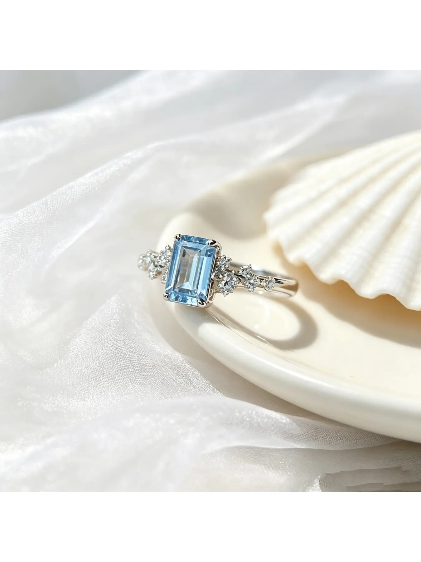 Emerald Cut Pale Ocean Blue Stone Side Star Cluster Silver engagement ring, bridal ring, cool elegant office gift for women, vine scattered diamond slim lightweight band for everyday wear, fit for Christmas dinners, Valentine proposals