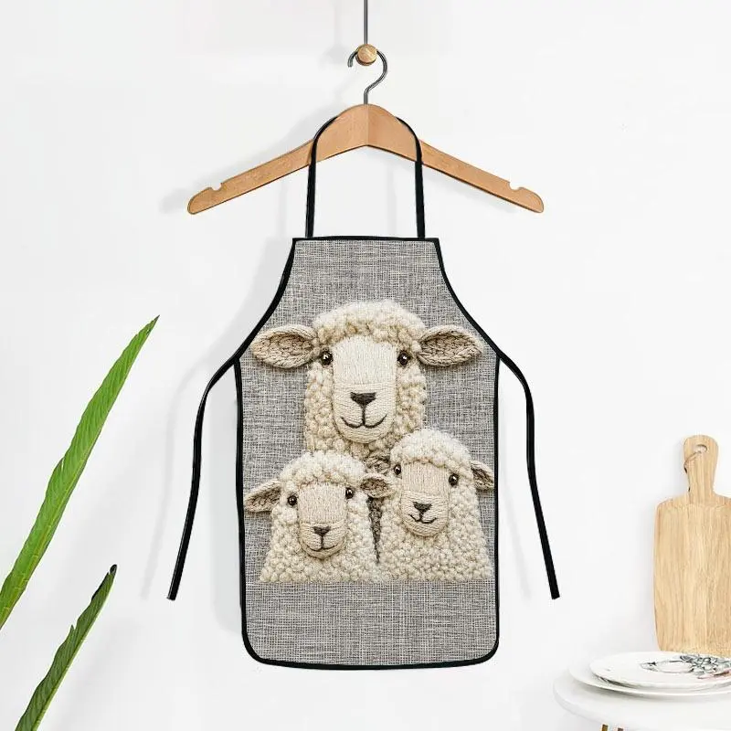Whimsical 3 Sheep Embroidered Kitchen Apron, Soft Rustic Woven Fabric with Handmade Aesthetic, Multiple Specifications Available, Cozy New Style for Everyday Cooking & Kitchen Daily Use