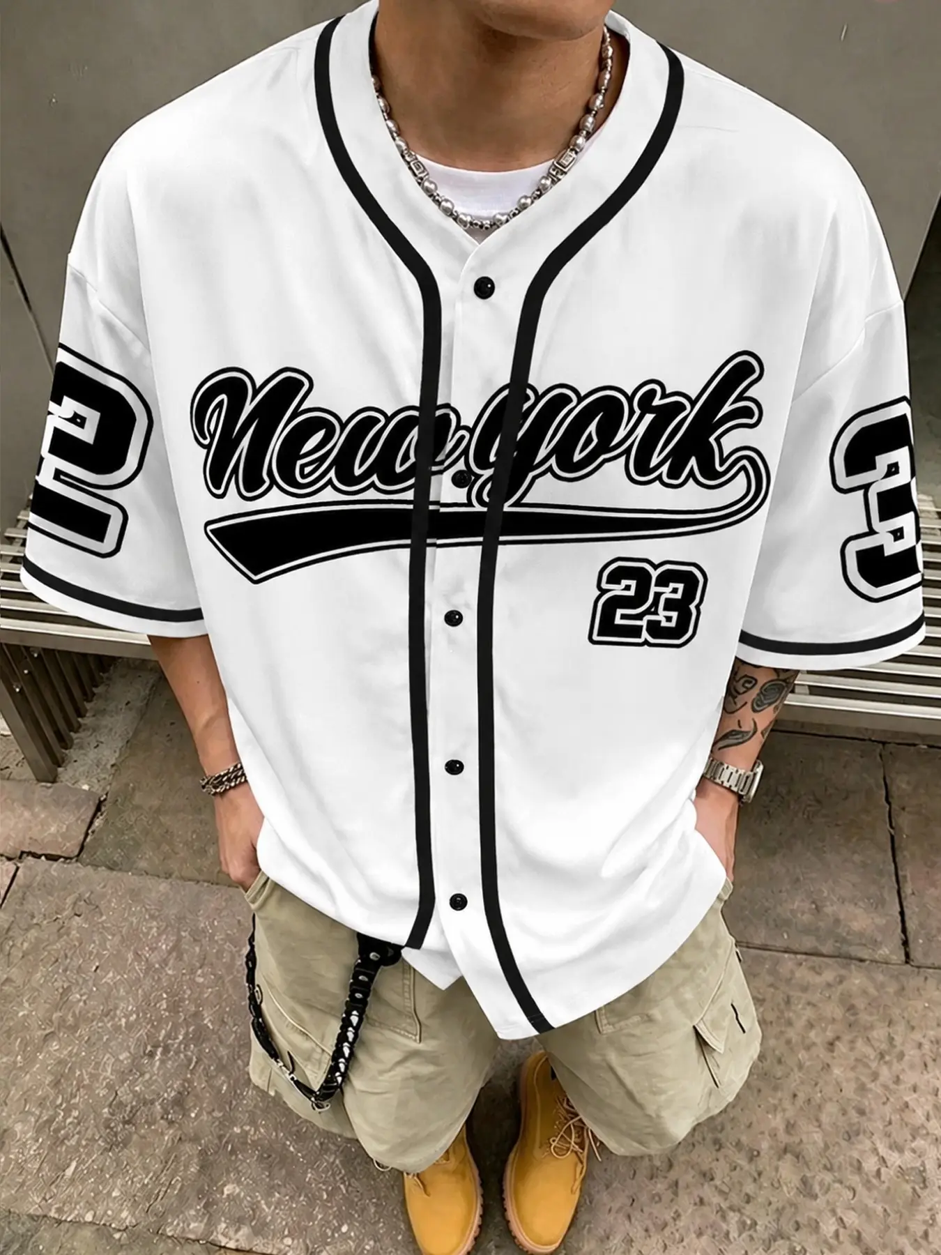 Oversized New York 23 Baseball Jersey for Men Women | Retro Hip Hop Short Sleeve Button Up Shirt | Summer Casual Streetwear Loose Fit OOTD Top Sportswear for Summer Casual Sporty Top