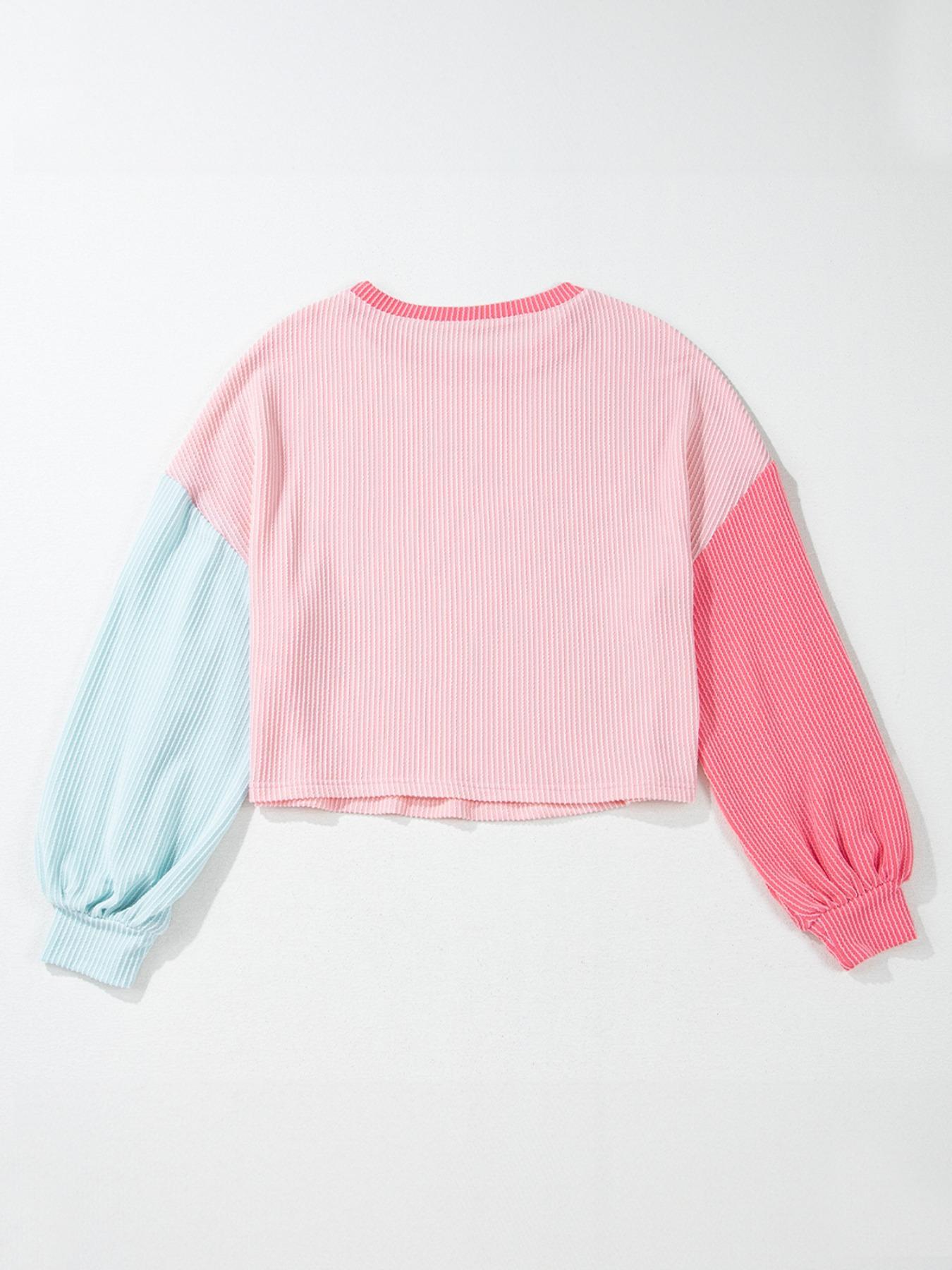 Women's Colorblock Striped Print Knit Fitted Sweatshirt, Casual Long Sleeve Round Neck Pullover for Spring & Fall, Ladies Clothes for Daily Wear Top