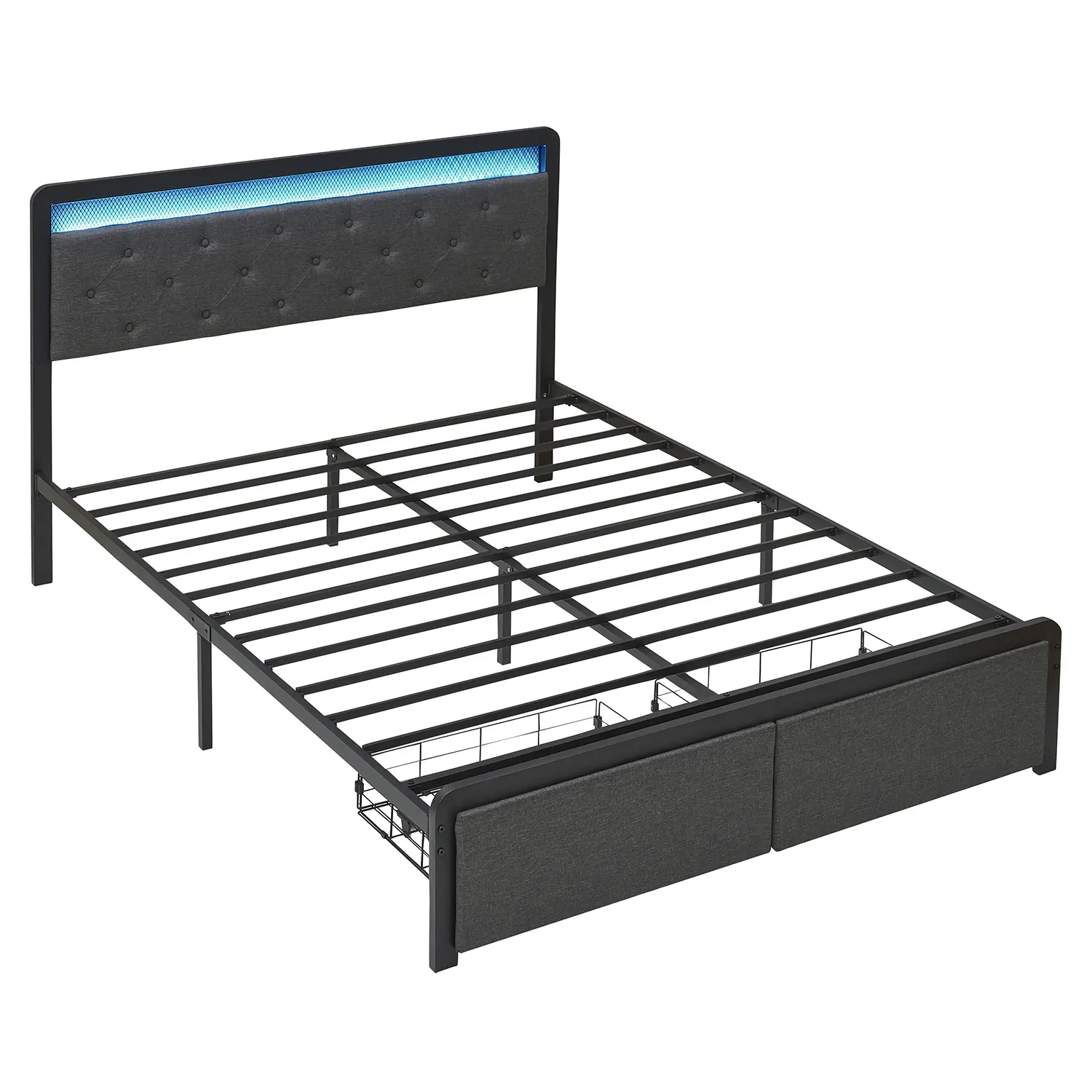 Full Size Bed Frame with Led Light Headboard, Upholstered Bed Frame with Headboard and 2 Storage Drawers, No Box Spring Needed, Easy Assembly
