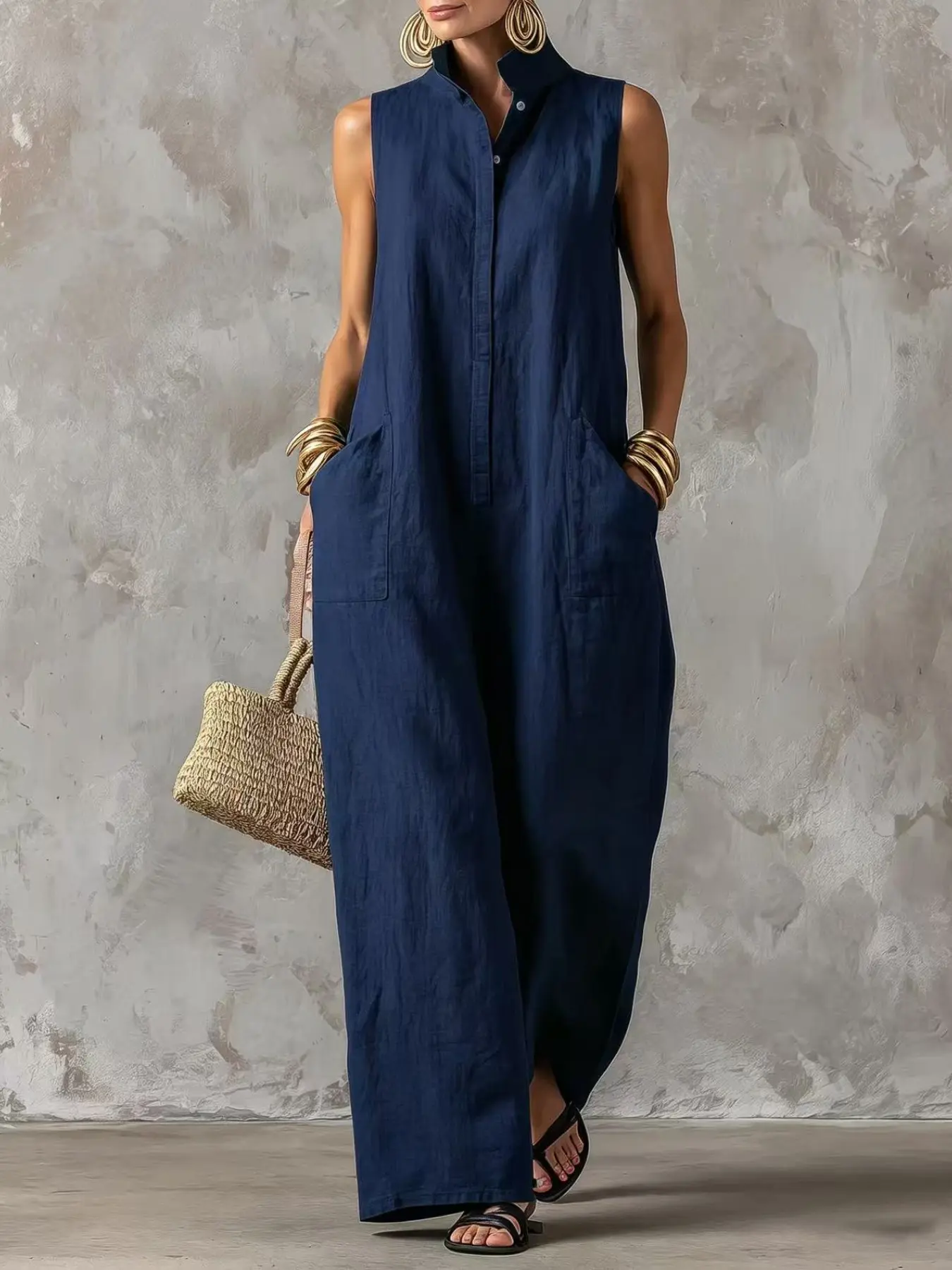 Women's Sleeveless Romper, Stand Collar Half Button Wide Leg Pocket, Boho Style, Loose-Fitting, All Seasons, Multiple Colors Available