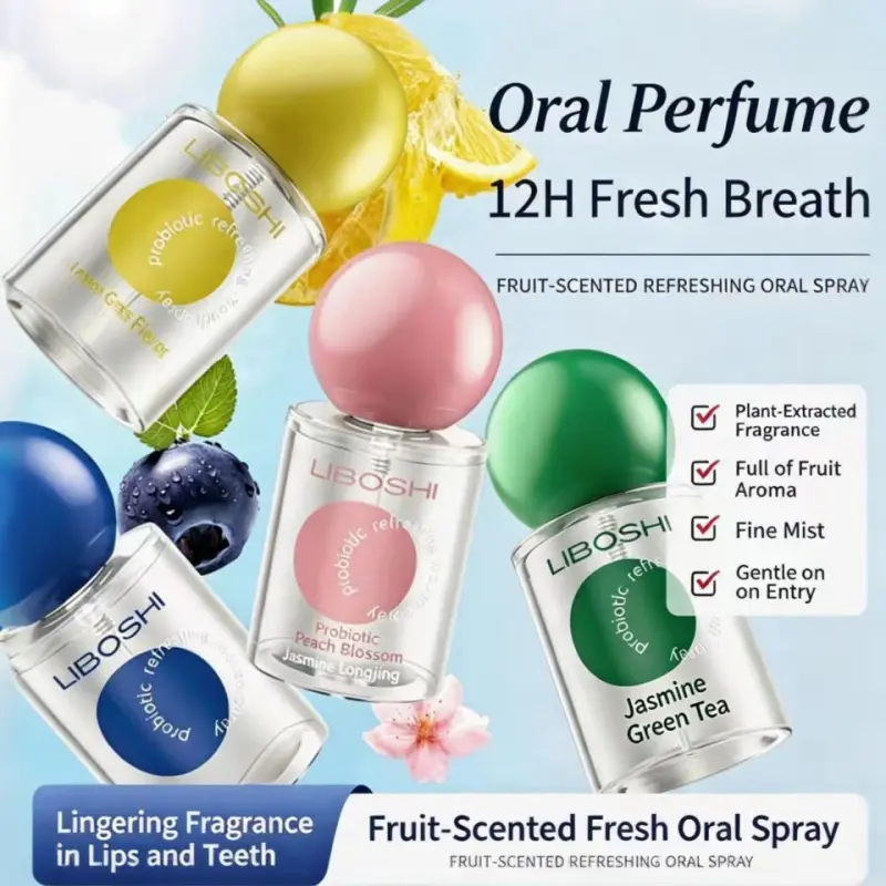 Multi-flavor Portable Breath Freshening Oral Spray, Peach, Mint Lemon, Jasmine Green Tea, Blueberry, Long Lasting Freshness, Eliminate Bad Breath, Bad Breath Killer, Gentle Mild Oral Cleansing Pocket Mist for Dating & Daily Use