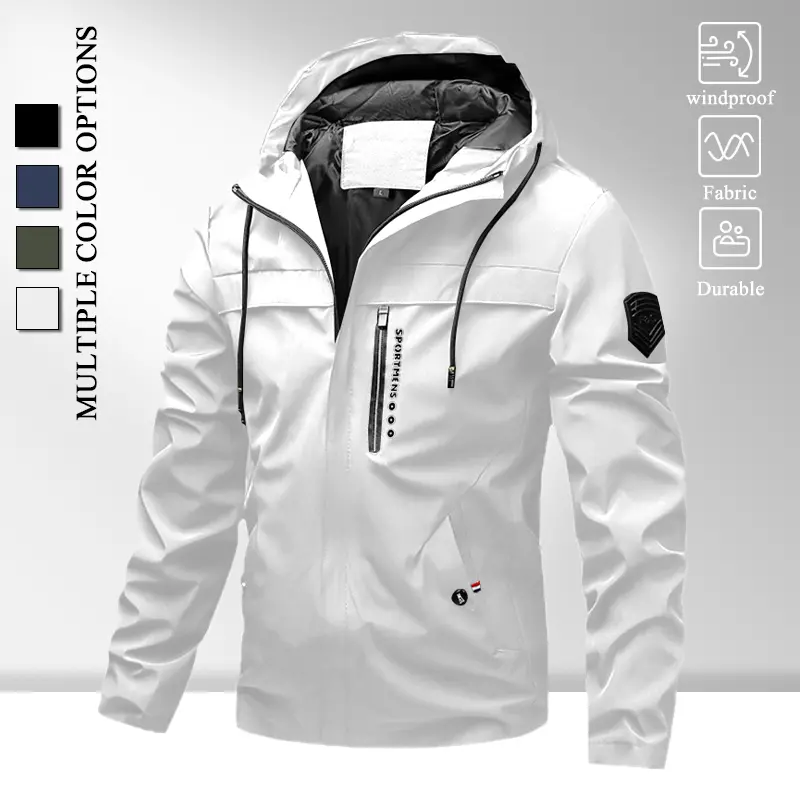 Lightweight Attached Hooded Windbreaker for Men, Wind Resistant Smooth Wrinkle Free Fabric Relaxed Fit Outer Layer for Camping Jogging Weekend Travel