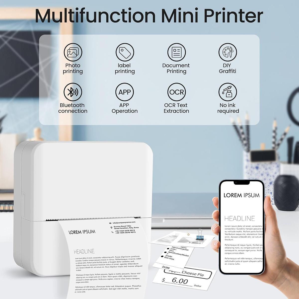 Portable Mini Printer, 1 Set USB-Powered Wireless Label Printer with Paper, Small Pocket Sticker Printer for Notes & Children's DIY Crafts, Compatible with iOS & Android