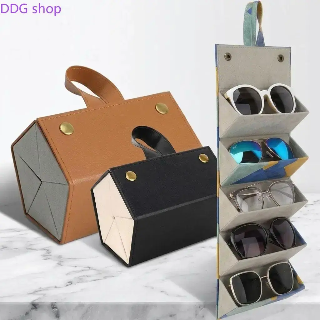 Unisex Leather Eyewear Storage Case - 5-Slot Pentagonal, Foldable, Portable, Dustproof, Large-Capacity, Lens-Protective, Compact Roll-Up Holder for Travel