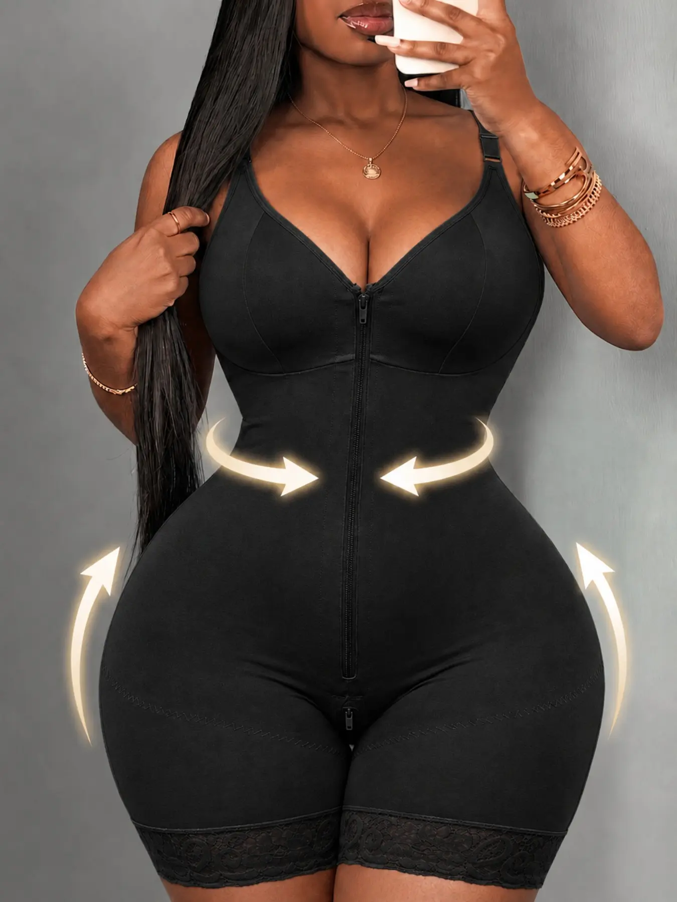 1 Count Women's Butt Lifting And Tummy Control Body Shaperwear, Trending Colombian Shapewear Bodysuit Fajas with Buckle Zipper Closure & Zipper Crotch, Shaper features Adjustable Shoulder Straps, Non-slip Silicone Lace Trim Bodysuit, Suitable For Daily
