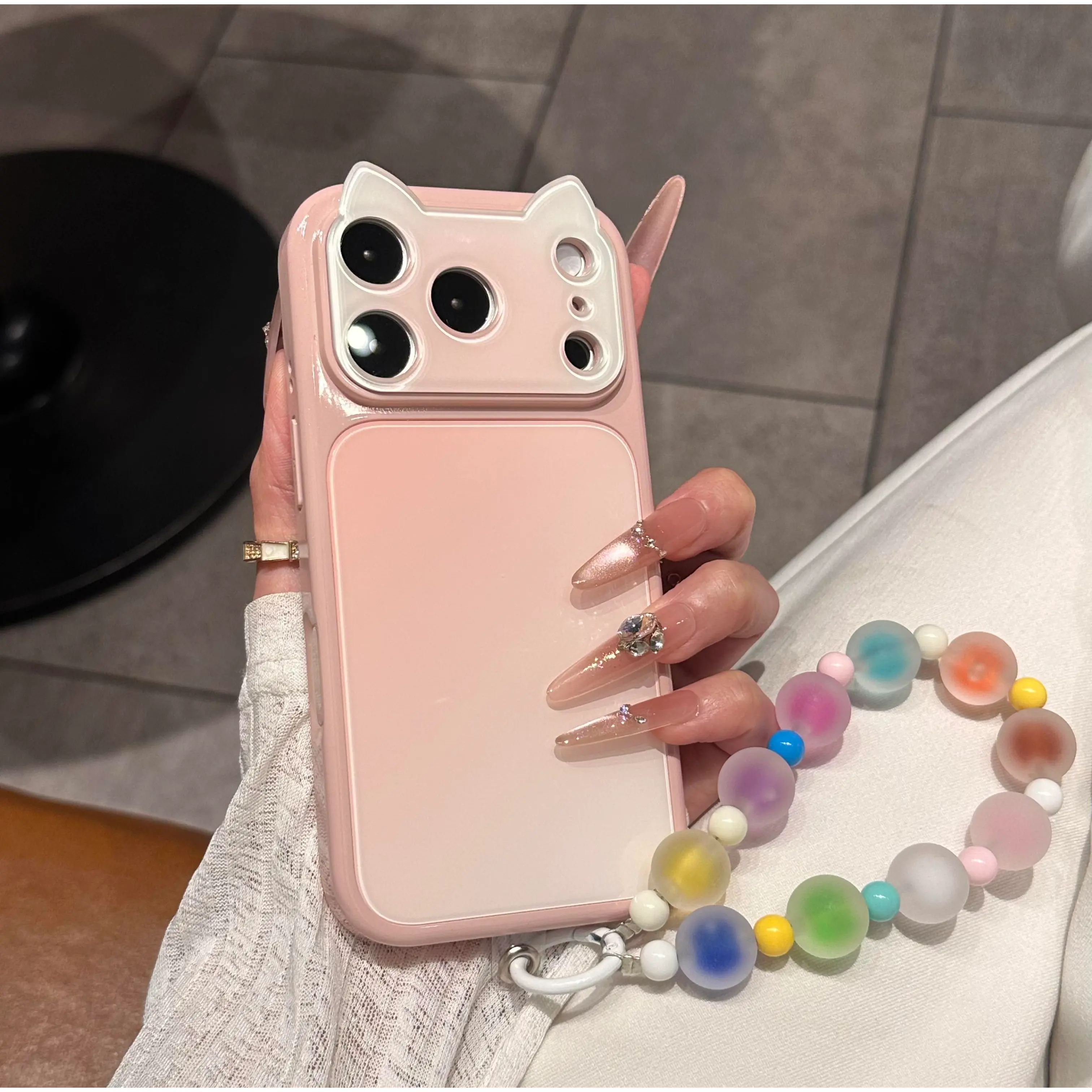 (Case & Nova) Cute 3D Cat Ear Gradient Smartphone Case, Full Camera Lens Protector, Shockproof Soft Cover with Beaded Wrist Strap, Handheld Mobile Accessories for iPhone 17 Pro Max, 16 Plus, 15, 14, 13 Devices Protection