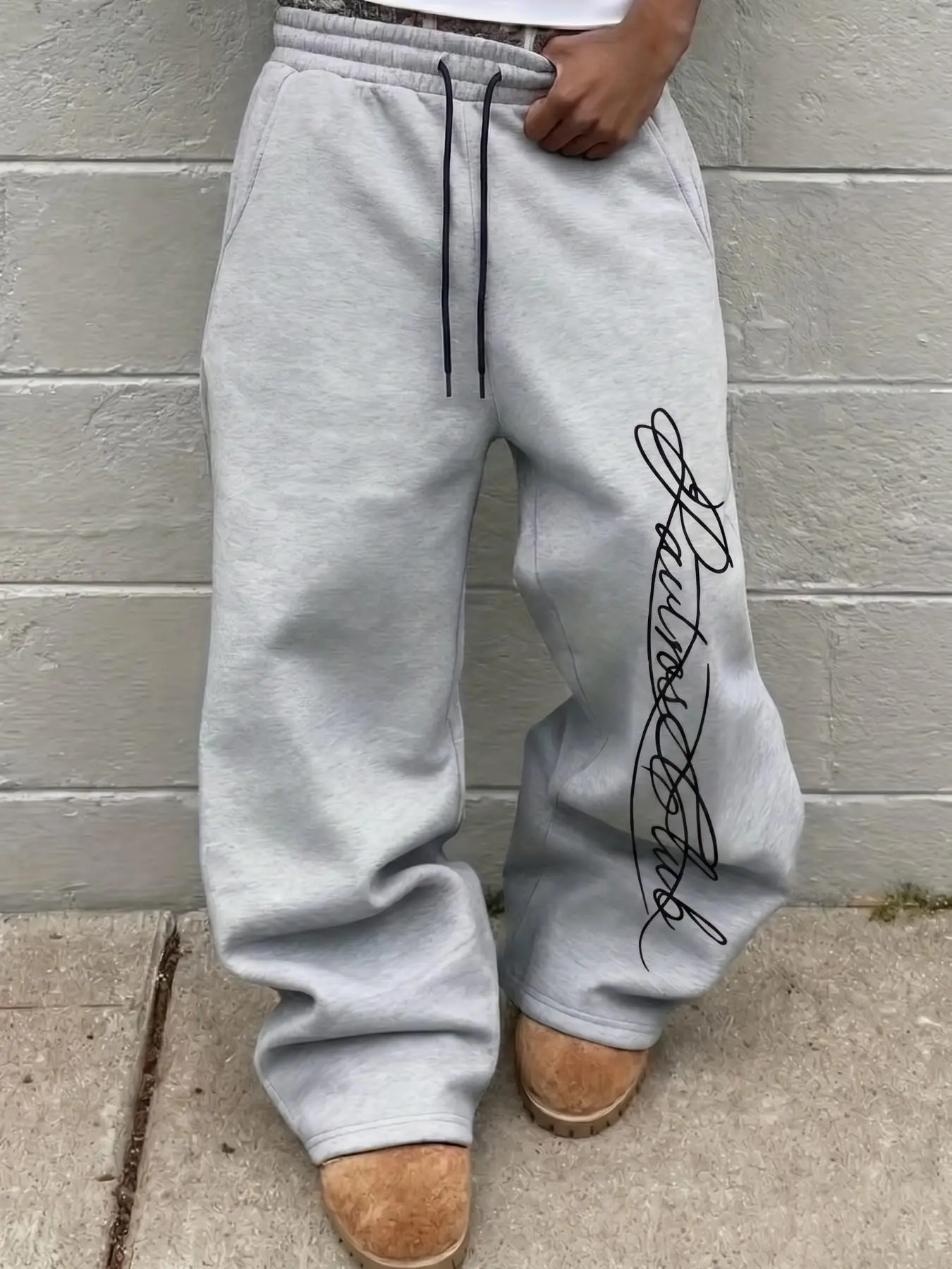Minimalist Street Style Streetwear Letter Print Oversized Baggy Sweatpants, Loose-Fitting Adjustable Drawstring Straight Leg Pants, Unisex All-Season Versatile Trousers Bottoms
