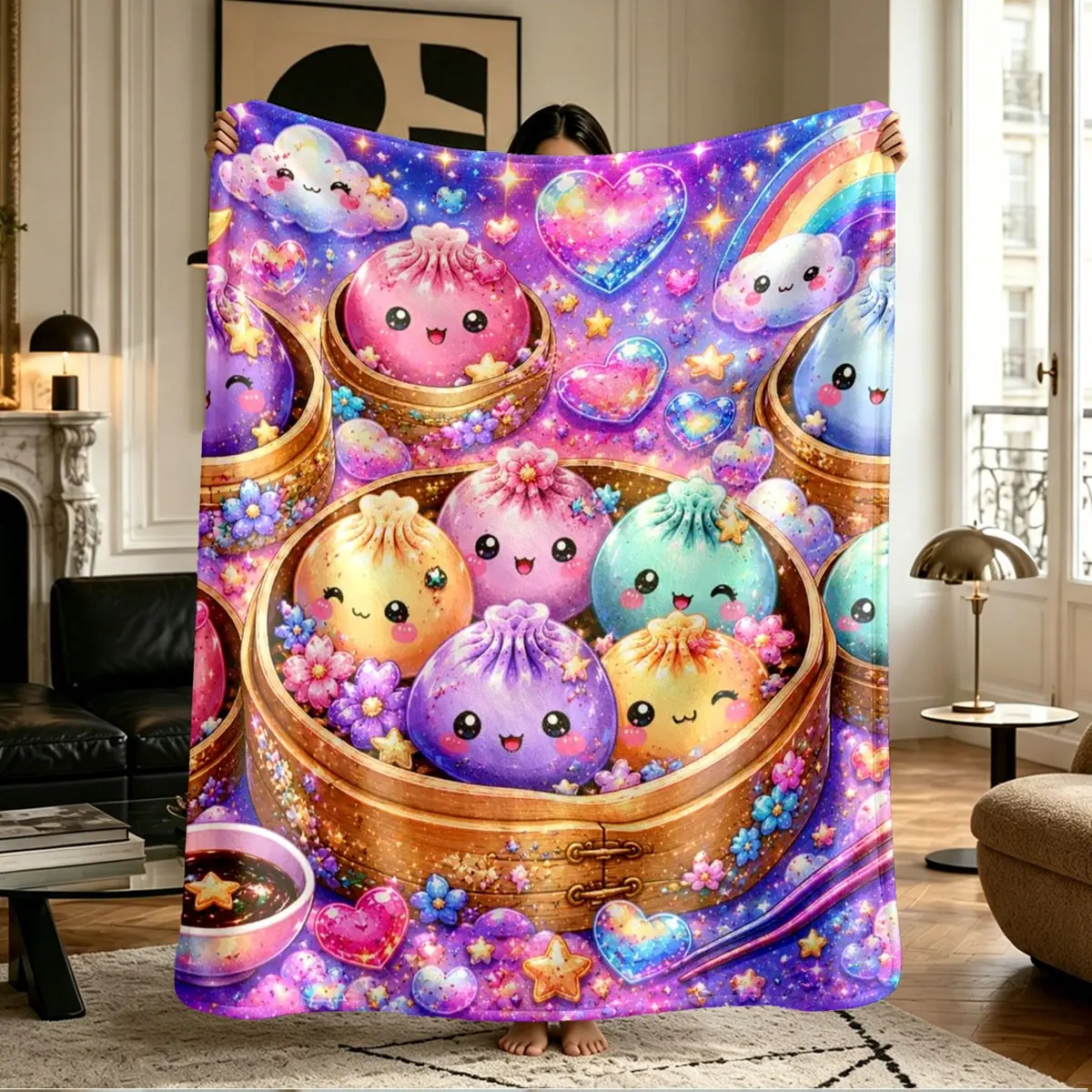 Galaxy Rainbow Glitter Squishy Dumpling Print Flannel Blanket, Soft Warm Anti-Pilling, Ideal Gift for All Seasons, Flannel Throw Blankets