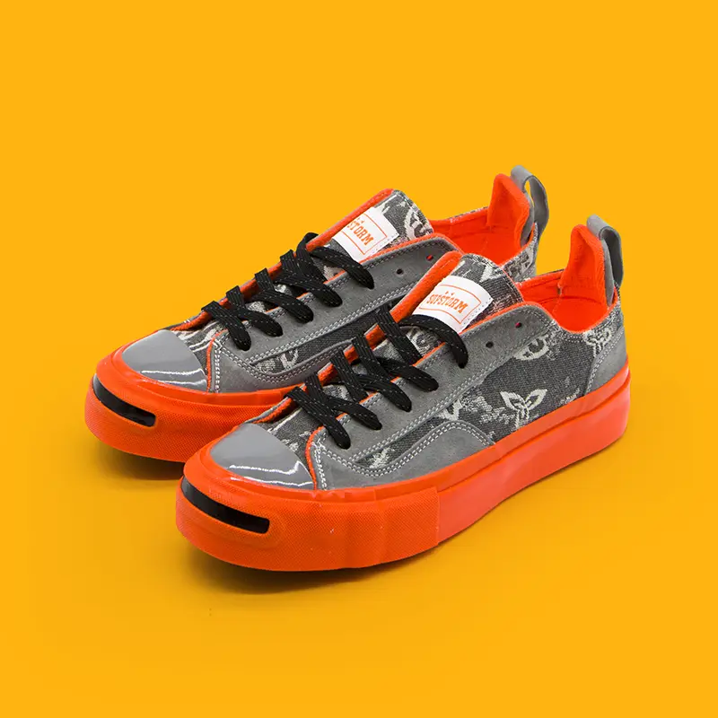 Unisex Casual Lace-Up Canvas Sneakers, Gray Butterfly Print Jacquard, Bright Orange Thick Platform, Round Toe Breathable Suede Patchwork Low Top Distressed Vintage Street Skate Shoes for Men & Women Teens, Street Skating, Unisex Fit