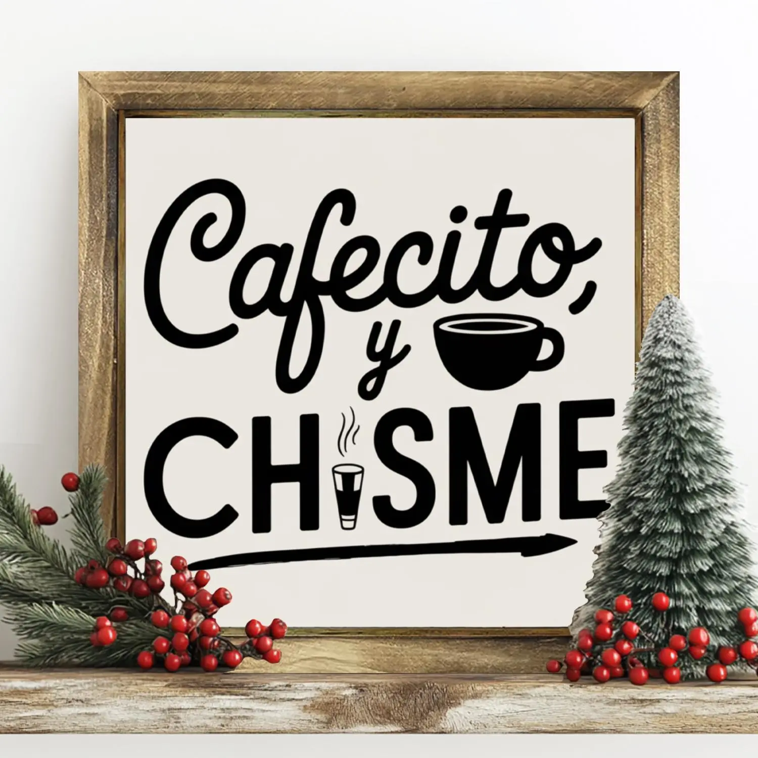 1pc Rustic Wooden Frame Sign "Cafecito y Chisme" - Spanish Coffee & Tea Wall Art with Steamy Cup & Coffee Beans Design, 8x8 Inch Farmhouse Kitchen Decor, Vintage Cafe Sign for Home, Coffee Bar, or Holiday Decoration (No Electricity Needed) - Easy Mo
