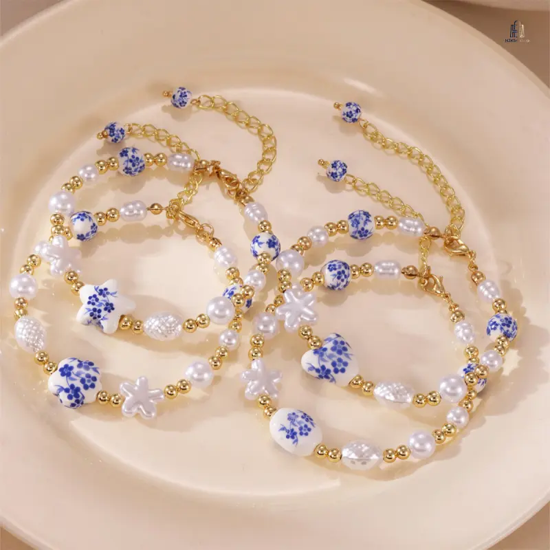 Ceramic Beaded Bracelet for Women, Chinese Style with Floral Heart Charm and Imitation Pearls for Female Daily Wear, Beading, Floral Motifs, Floral Charm