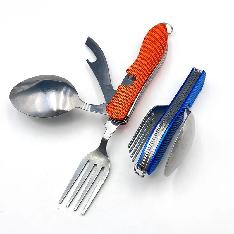 4-In-1 Stainless Steel Camping Utensils, Portable Folding Pocket Set, Includes Fork, Spoon, Knife & Bottle Opener, Ideal for Outdoor Activities